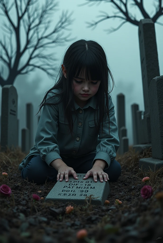 face of a beautiful 5-year-old girl, white skin, brown eyes, black hair with braids, extremely sad and melancholic, eyes watering a lot, crying expression, crying little, 1 large tear highlighted, looking at the tombstone of a deceased elderly person. image with little zoom, entire tombstone in the photo