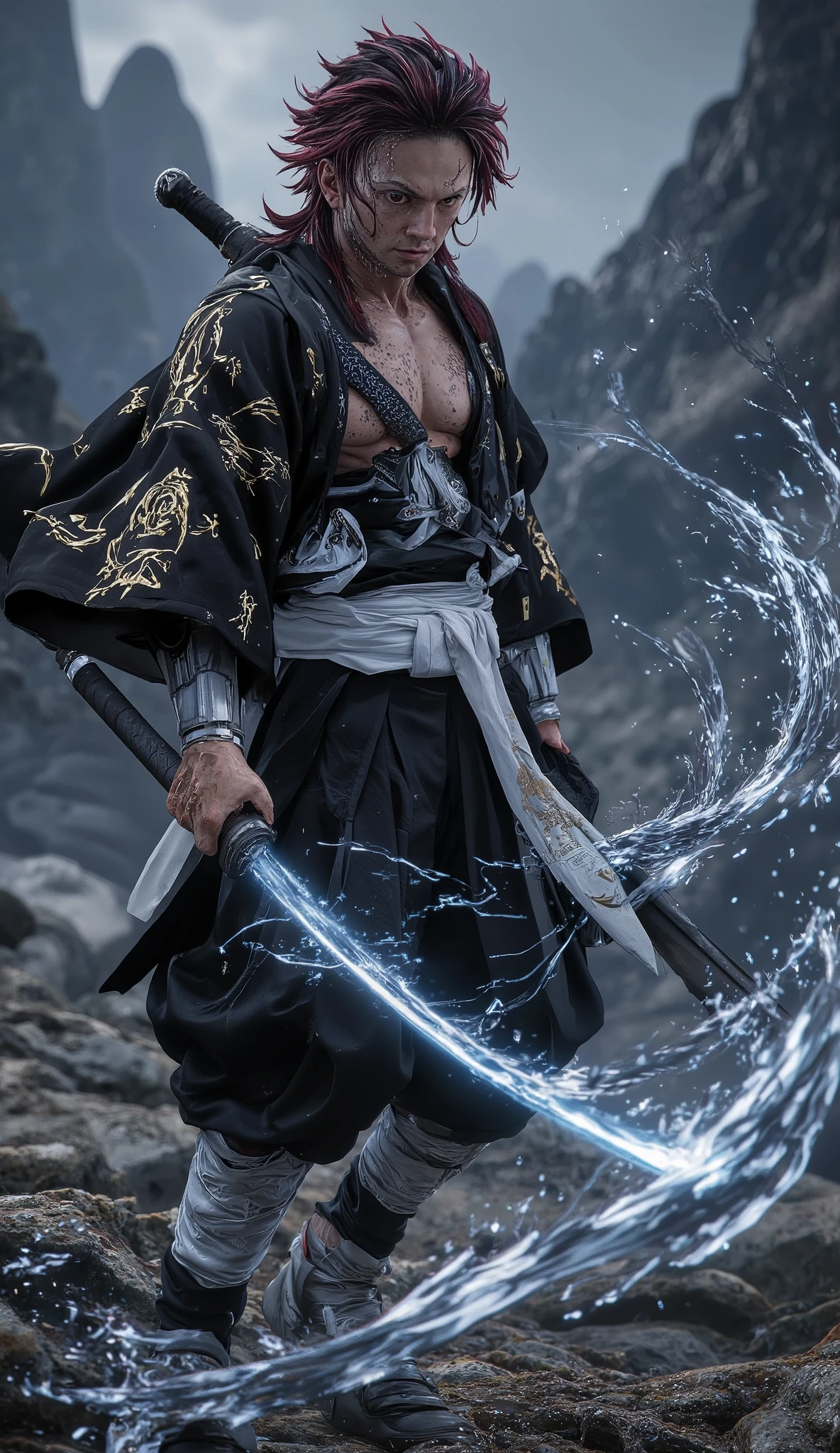### **Ultra-Realistic 8K HD Prompt: Virgo Zodiac Tanjiro Kamado (Demon Slayer Warrior on a Mission)**  

**Description:**  
A breathtakingly detailed, hyper-realistic portrayal of **Tanjiro Kamado reimagined as a Virgo zodiac warrior** from *Demon Slayer*, embodying purity, precision, and unwavering discipline. His design merges his iconic Demon Slayer uniform with celestial Virgo motifs—ethereal yet battle-ready.  

---  

### **Visual Breakdown:**  

#### **1. Face & Expression:**  
- **Soft yet determined** expression, his warm maroon eyes glowing faintly with **Virgo’s divine intellect**.  
- **Skin:** Ultra-realistic texture—slight sweat, faint scars from battles, and a soft blush from exertion.  
- **Markings:** His **Demon Slayer Mark** glows subtly with a **silver-blue hue**, resembling Virgo’s constellation.  

#### **2. Hair:**  
- **Black-to-red gradient hair** styled in his signature ruffled look, but with **silver Virgo-dust highlights** shimmering under light.  
- **Hair strands** flow dynamically, some catching the wind as if touched by celestial energy.  

#### **3. Outfit & Armor:**  
- **Top:** A **reinforced black gakuran jacket** with **silver embroidery** (delicate Virgo wheat and star motifs along the seams).  
- **Chest Wrap:** A **white sash** with a **golden Virgo symbol** tied neatly across his torso.  
- **Arm Guards:** Sleek silver vambraces engraved with **ancient zodiac scriptures**.  
- **Pants:** **Black hakama pants** with armored knee guards, slightly tattered from battle.  
- **Footwear:** **Sturdy war sandals** wrapped in white cloth, dust-kissed from long travel.  

#### **4. Weapon & Effects:**  
- **Nichirin Blade:** Glowing **deep blue with silver-etched Virgo constellations** along the blade.  
- **Breath Effect:** When activated, **Water Breathing techniques manifest as liquid silver, swirling like the Milky Way**.  

#### **5. Pose & Setting:**  
- **Action:** Mid-stride on a **sacred mountain path**, his blade resting on h