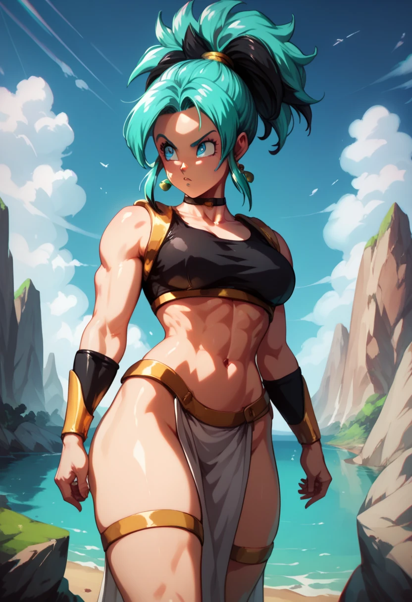 Saiyan, white hair combed back, green eyes,slim, thin waist, wide hips, brown skin color, medium breasts, blue saiyan armor, standing on a battlefield, looking seriously
