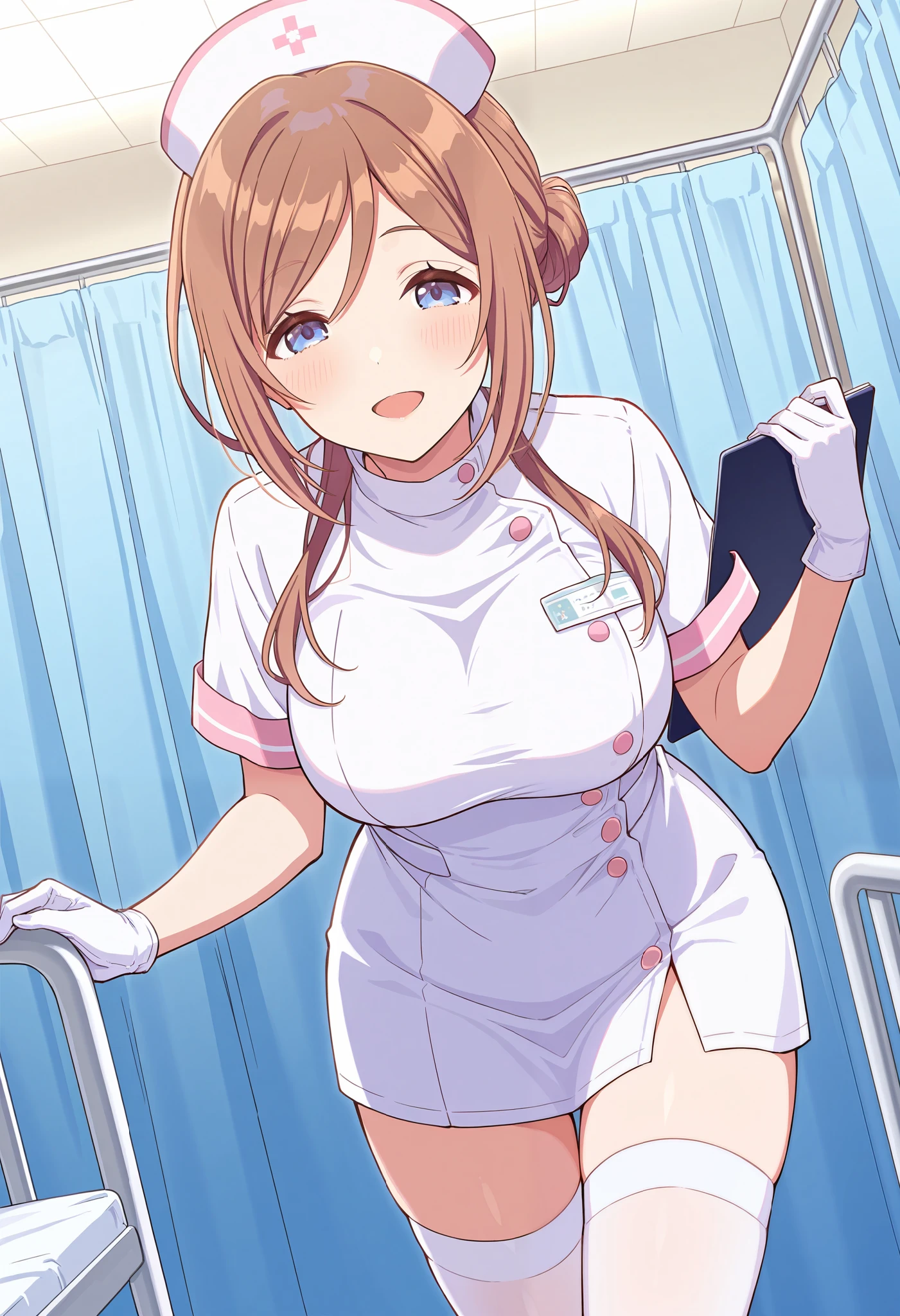 Score_9, score_8_up, score_7_up, source_anime, 1girl, himesaki rinami, blue eyes, brown hair, long hair, single hair bun, bangs, large breasts, (best quality), (high quality), {masterpiece}, extremely delicate and beautiful, ultra-detailed, beautiful detailed eyes, nurse, nurse hat, ((white nurse's outfit)), white gloves, white thighhighs, hospital room, smile, open mouth, standing