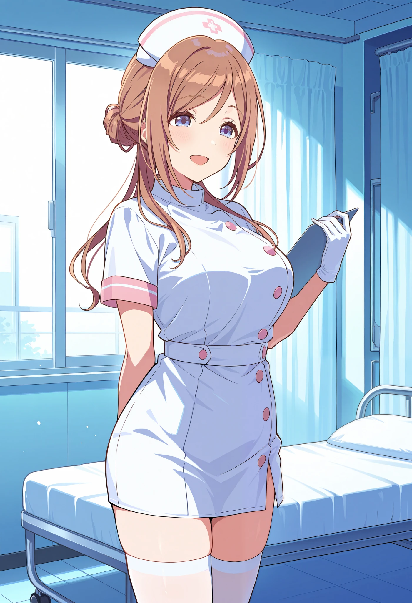 Score_9, score_8_up, score_7_up, source_anime, 1girl, himesaki rinami, blue eyes, brown hair, long hair, single hair bun, bangs, large breasts, (best quality), (high quality), {masterpiece}, extremely delicate and beautiful, ultra-detailed, beautiful detailed eyes, nurse, nurse hat, ((white nurse's outfit)), white gloves, white thighhighs, hospital room, smile, open mouth, standing