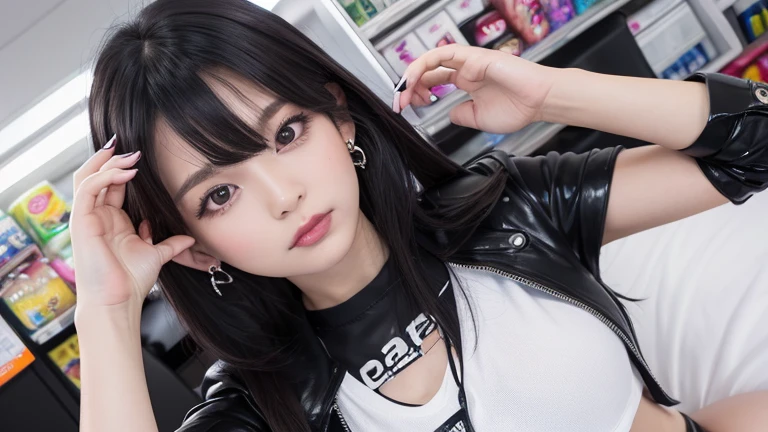 crop top,off-shoulder,Black mini skirt,open mouth,tongue out,cum on tongue,Sitting on a black sofa,looking ahead,from above,flont view,face focus,open mouth,tongue out,(1girl,Beautiful 16 year old girl),((Slender,Small breasts,Small face,)),looking at viewer,Black Hair,bangs,straight,Beautiful and detailed,Mischievous smile,Dimly lit room,Simple Background,Black background,Low lighting