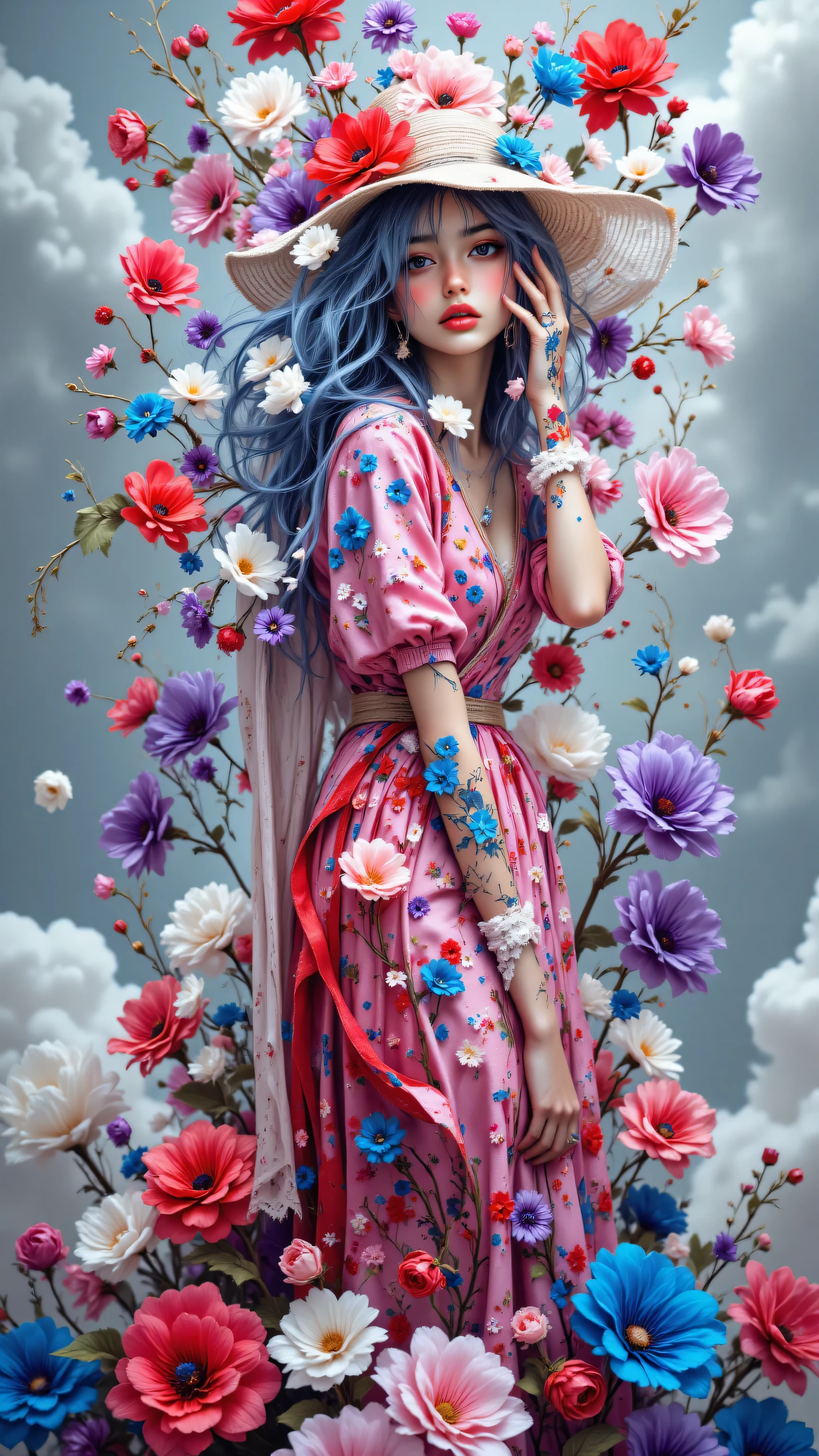 8k, Masterpiece, Top Quality, High-angle, woman, pale, elegant, intricate, flowing, vibrant, pink, purple, blue, red, floral, surreal, voluminous, exaggerated, unconventional, swirling, sculpted, muted, ethereal, sky, clouds, fantasy, fashion, surrealism, soft, diffuse, dreamlike.
