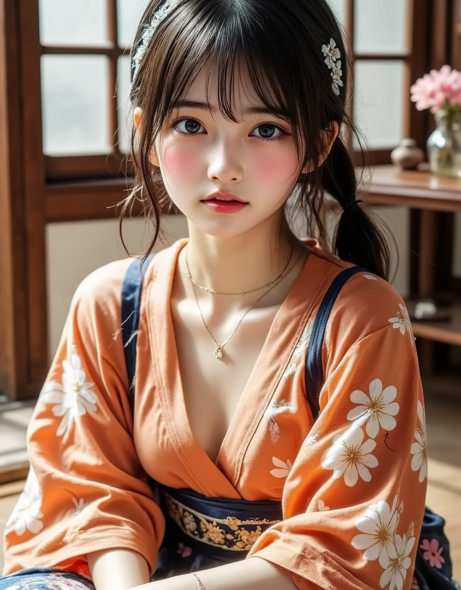 ((8k wallpaper of extremely detailed CG unit, ​masterpiece, hight resolution, top-quality, top-qualityのリアルテクスチャスキン)), ((a very beautiful woman, Detailed eyes、Plump lips, The upper part of the body, Japanese pattern haori,)), (messy black hair, de pele branca, Small),very correct posture、A heavy kimono with a beautiful pattern、Elegant kimono、 ((colorful wall with geometric pattern, Japanese pattern wall, , butterflys, florals)), hyper realisitic, digitial painting,