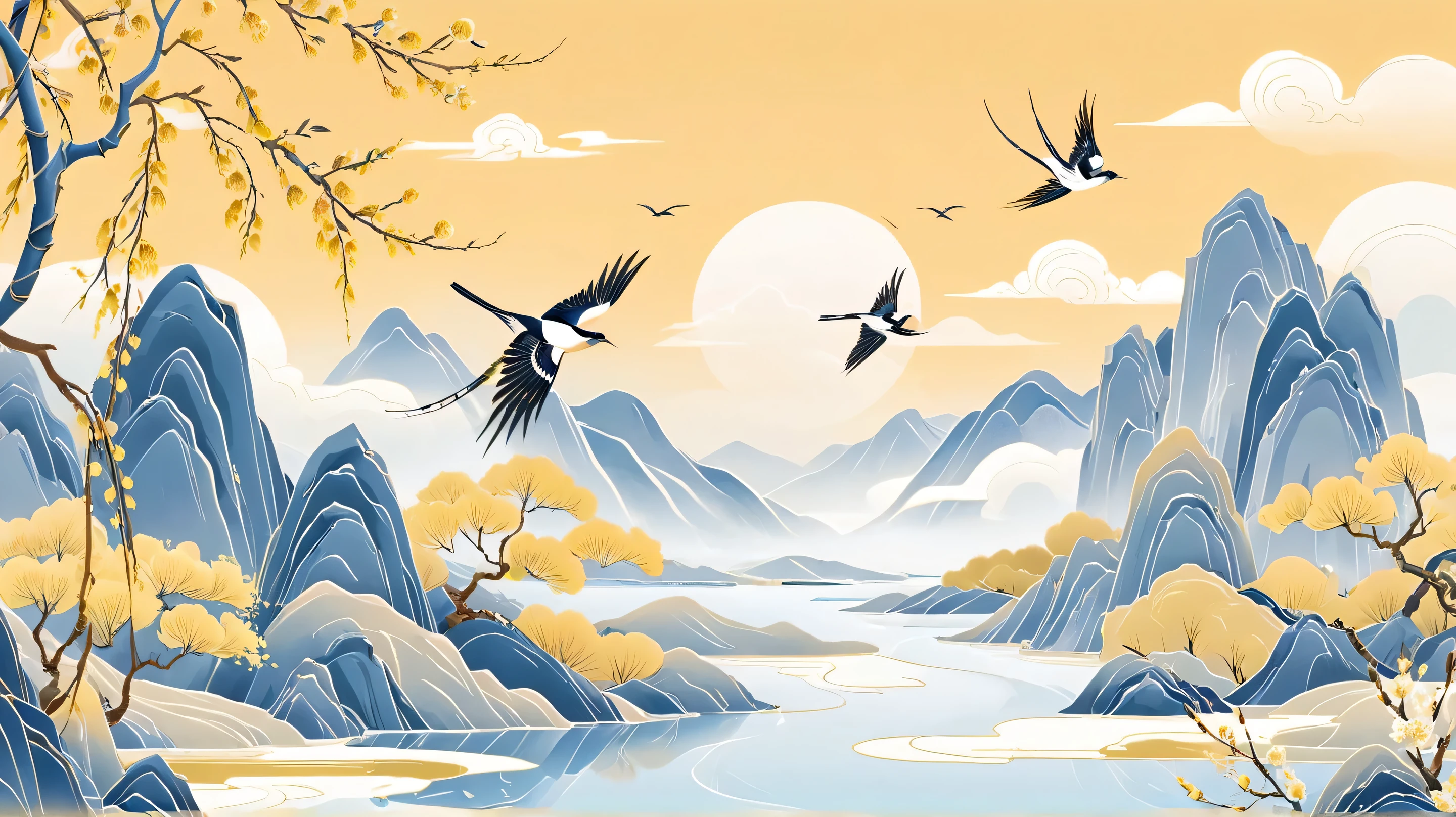 Minimalism,(Golden section composition), (Golden Ratio),Minimalism, Mountain, river, willow,Magpie,Willow branches,willow枝条, spring, Sky, cloud, cartoon, Flat illustration,Chinese style,Chinese,GCCH