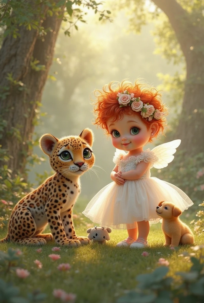 Elegant baby with red curls and a jaguar