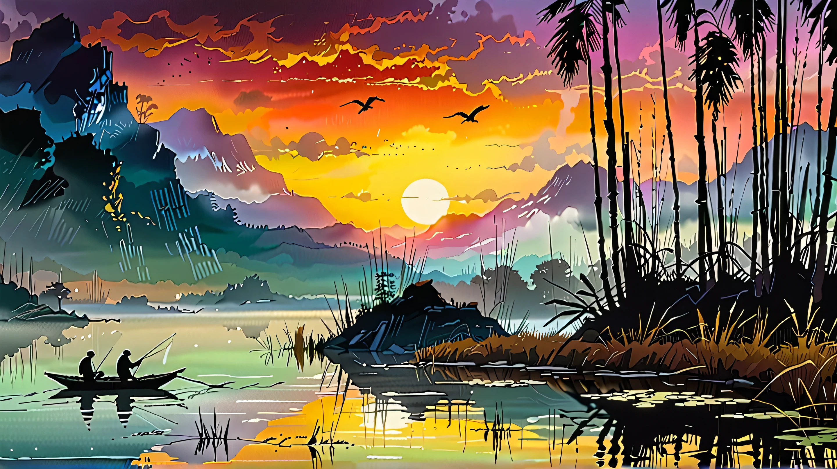 Sunset on the lake, impressionism, bright and vibrant colors, reflections, golden reed reflections, silhouettes of herons, dramatic contrast, misty atmosphere, distant hills, 19th century charm, sharp focus, gold leaf, emitting diodes, smoke, artillery, sparks, racks, system unit, motherboard, by pascal blanche rutkowski repin artstation painting hyperrealism detailed character design concept art matte painting, 4k resolution Blade Runner
