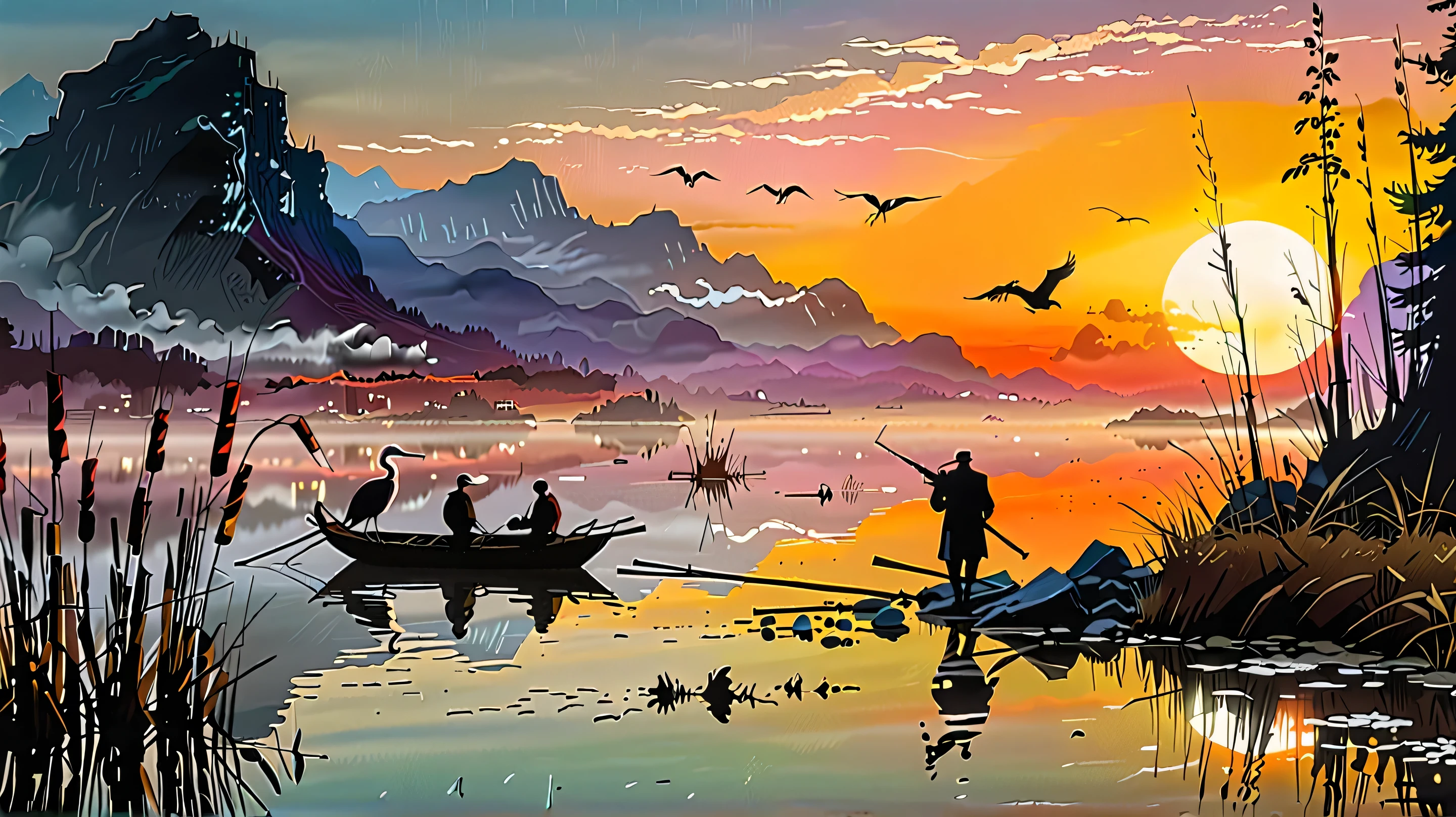 Sunset on the lake, impressionism, bright and vibrant colors, reflections, golden reed reflections, silhouettes of herons, dramatic contrast, misty atmosphere, distant hills, 19th century charm, sharp focus, gold leaf, emitting diodes, smoke, artillery, sparks, racks, system unit, motherboard, by pascal blanche rutkowski repin artstation painting hyperrealism detailed character design concept art matte painting, 4k resolution Blade Runner