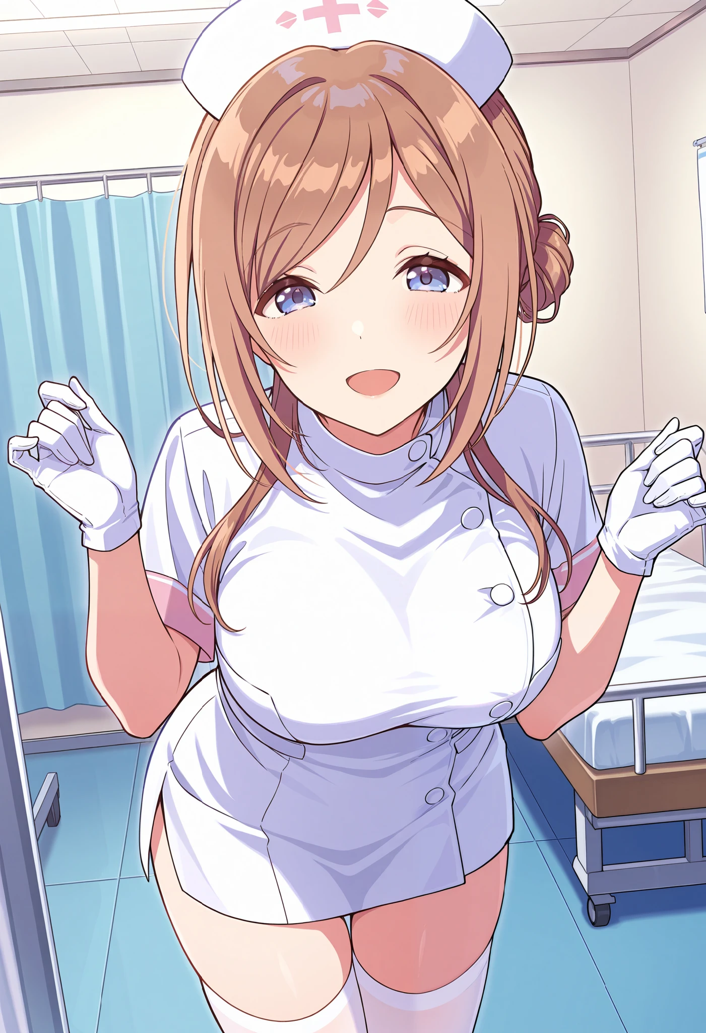 Score_9, score_8_up, score_7_up, source_anime, 1girl, himesaki rinami, blue eyes, brown hair, long hair, single hair bun, bangs, large breasts, (best quality), (high quality), {masterpiece}, extremely delicate and beautiful, ultra-detailed, beautiful detailed eyes, nurse, nurse hat, ((white nurse's outfit)), white gloves, white thighhighs, hospital room, smile, open mouth, standing