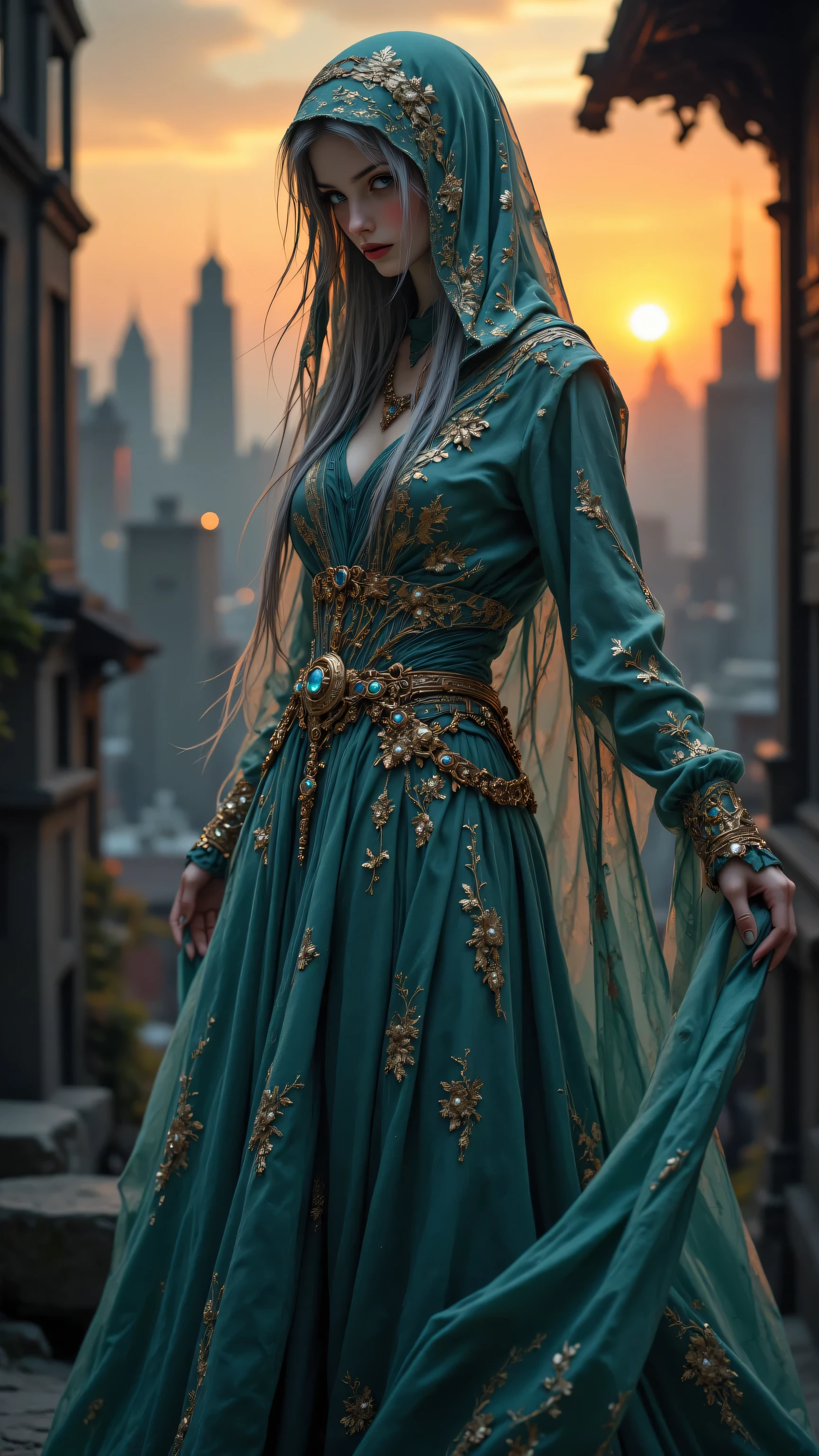 8k, Masterpiece, Top Quality, Low-angle, doll, long hair, veil, teal gown, gold embellishments, jeweled belt, bodice, subtle makeup, face covering, sunset cityscape, blurred background.