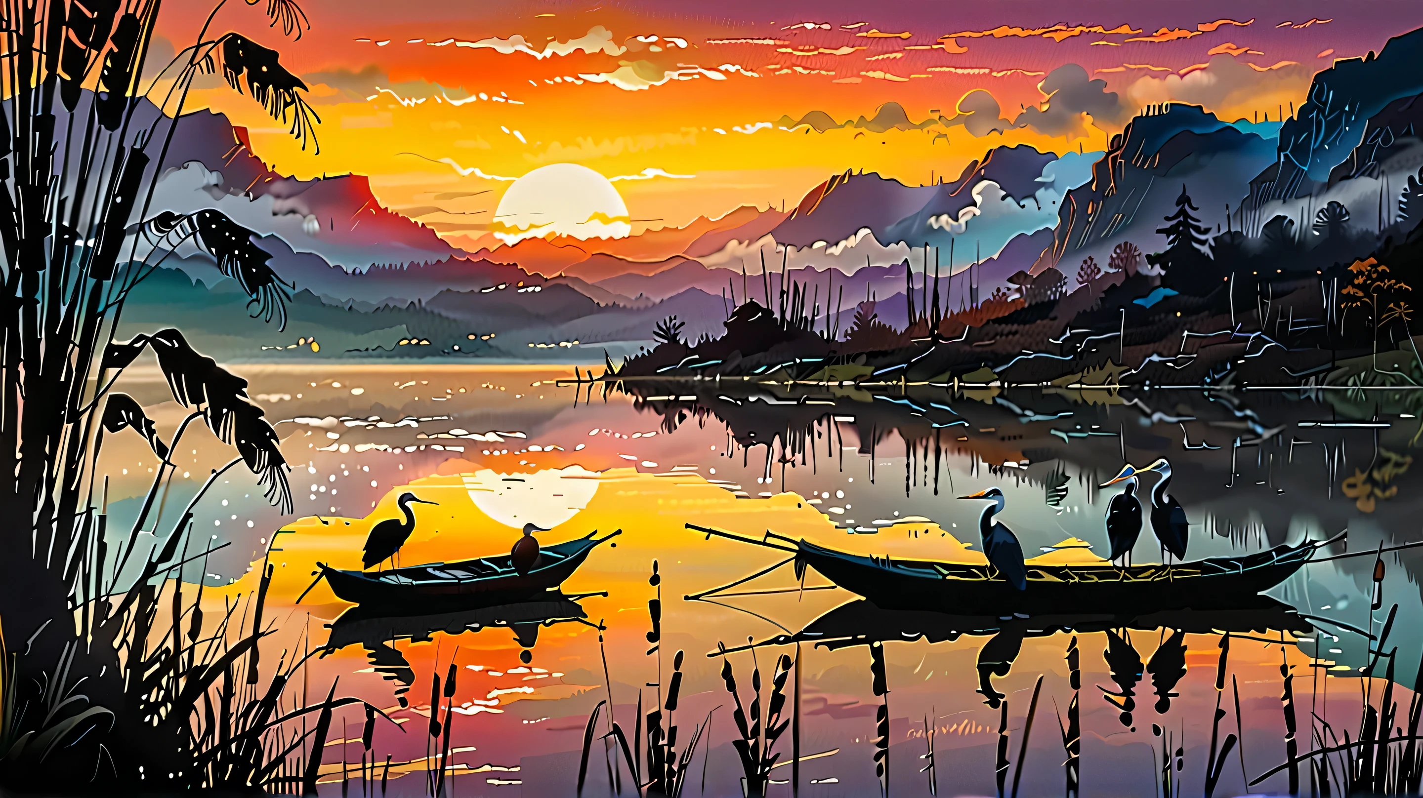 Sunset on the lake, impressionism, bright and vibrant colors, reflections, golden reed reflections, silhouettes of herons, dramatic contrast, misty atmosphere, distant hills, 19th century charm, sharp focus, gold leaf, emitting diodes, smoke, artillery, sparks, racks, system unit, motherboard, by pascal blanche rutkowski repin artstation painting hyperrealism detailed character design concept art matte painting, 4k resolution Blade Runner