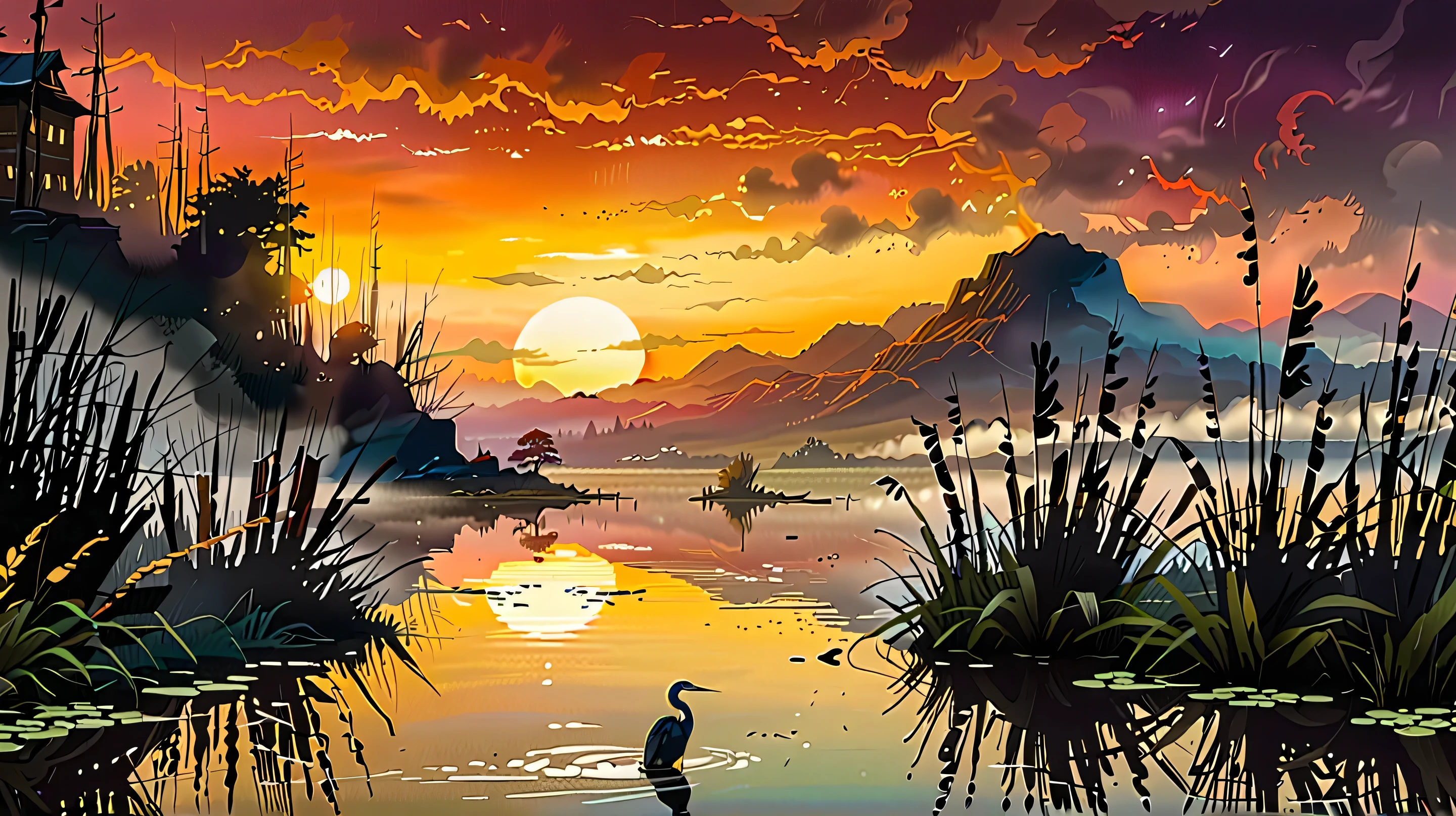 Sunset on the lake, impressionism, bright and vibrant colors, reflections, golden reed reflections, silhouettes of herons, dramatic contrast, misty atmosphere, distant hills, 19th century charm, sharp focus, gold leaf, emitting diodes, smoke, artillery, sparks, racks, system unit, motherboard, by pascal blanche rutkowski repin artstation painting hyperrealism detailed character design concept art matte painting, 4k resolution Blade Runner