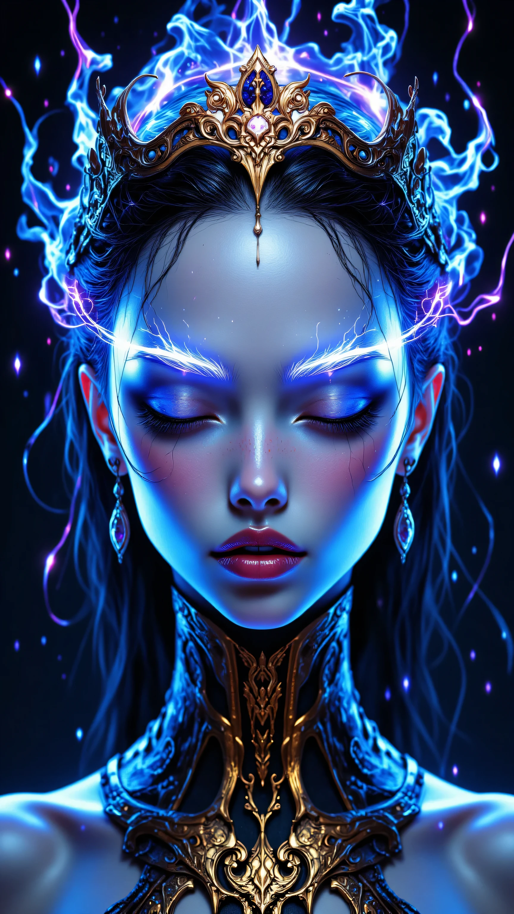 8k, Masterpiece, Top Quality, Close-up, frontal, serene, pale blue skin, gold metallic, ornate, armor, jewelry, cloud-like, floral, blue, purple, closed eyes, serene expression, dark background, bright halo, neon, multicolored streaks, energy, cosmic, cool, blues, purples, golds, detailed, realistic, fantastical, smooth, reflective, mystery, otherworldliness.