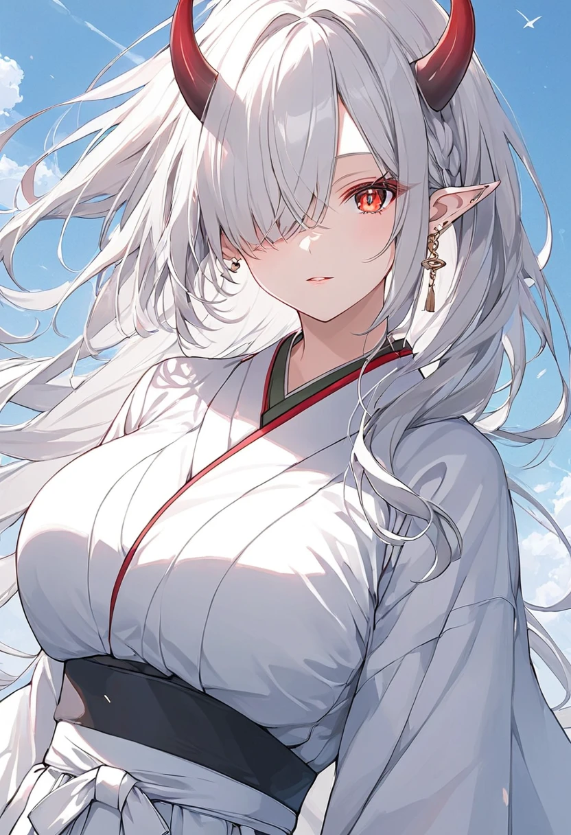 ((White skin)),((Monster Girl)), Solo, Lying, Dynamic Angle, view the viewer, (((Masterpiece))), {Perfect anatomy}, {Perfect hands}, (((Best quality))), ((Ultra-detailed)), ((Solo)), (illustration). Lips, (Detailed lips), Beautiful detailed eyes, high resolution, Female only, 8K_the wallpaper, Colorful, White hair, Long hair, Straight hair, Blunt bangs, , hair adornments, Snow ornaments, ( White eyes), (Devil's Eye) ((bathrobe)), ((White yukata)), cleavage, An emotionless smile, Snow,, zettai ryouiki, Dynamic pose, laying, Ice aura, looking at viewert