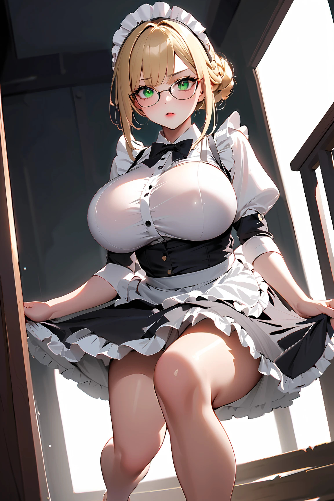 ((highest quality, Highly detailed CG Unity 8K wallpaper))、beautiful breasts、((She lifts up her skirt to reveal white panties、blonde、maid、embarrassed look))