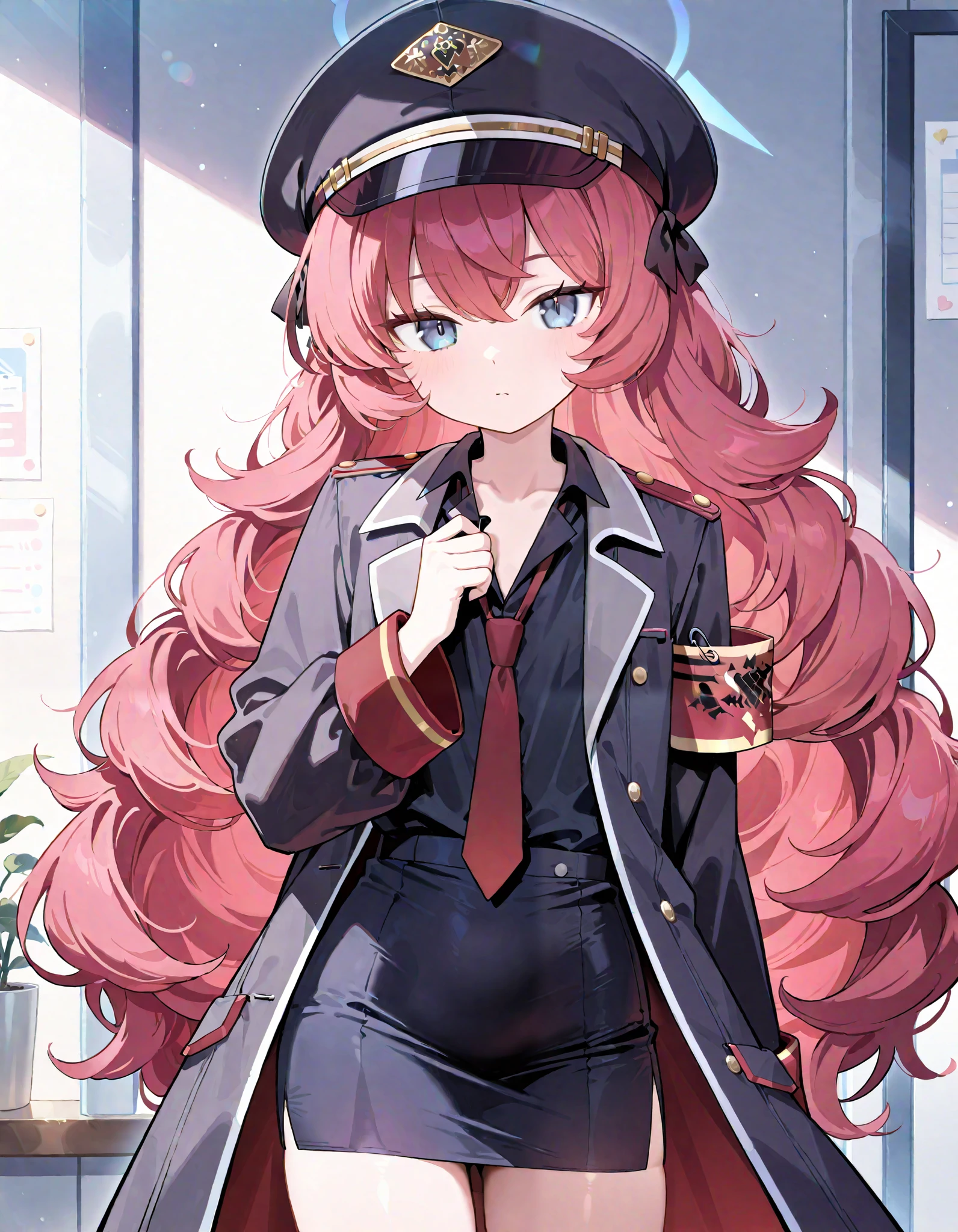 Top Quality Masterpiece High Definition Natsume Iroha (Blue Archive) Beautiful girl, red hair, blue eyes, black shirt, collared shirt, red tie, pencil skirt coat, military hat, love armband, cool, beautiful girl cowboy shot alone