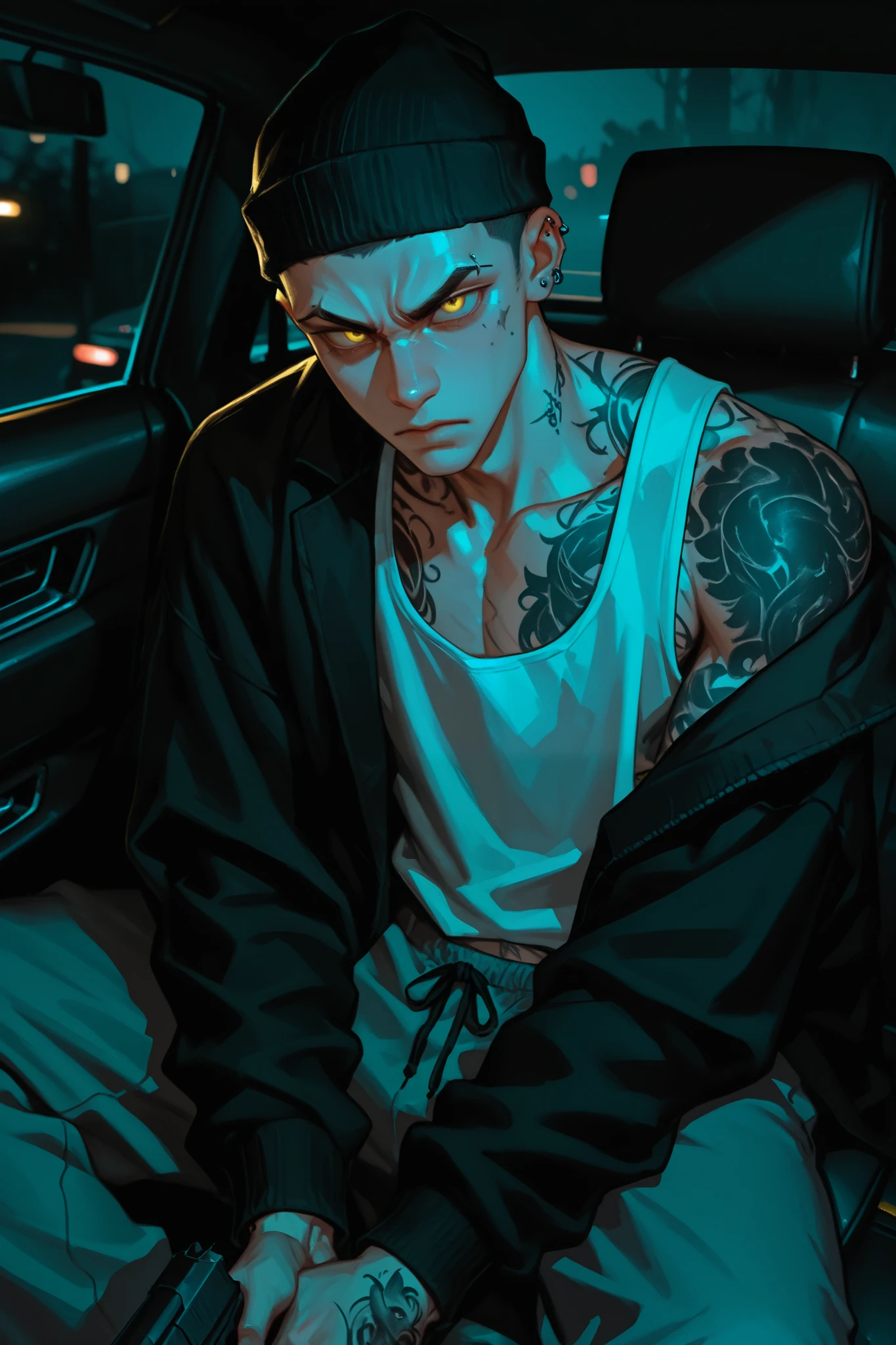 Solo man, A young man, wearing gray sweatpants, a white tank top, and a black sweatshirt, wearing a black beanie. Yellow eyes, black hair, Shaved hair, Body tattoos, strong body, piercing on the right eyebrow, serious expression, sitting in a car, With a gun pointed up in his hands. Dark, Dark weather, the night