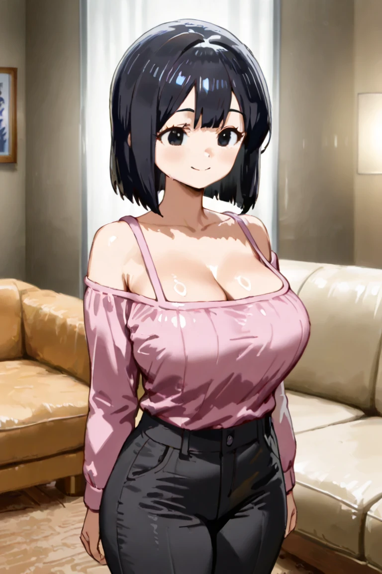 a close up of a person in a room , anime visual of a cute girl, seductive anime girl, attractive anime girl, smooth anime cg art, anime best girl, beautiful alluring anime teen, teasing smile, anime moe artstyle, anime visual of a young woman, thicc, ecchi anime style, mayuri shiina, (masterpiece), best quality, expressive eyes, perfect face, solo, 1 tall girl, pixie cut, mid long hair, (dark black short hair), (swept bangs), (a brooch on her head), dark blue eyes, wide open surprised eyes, smug smile, closed mouth, bateau neckline beige sweater, big breast,bedroom scenery, super low angle view, ((shot from below)), face close up, bending over viewer