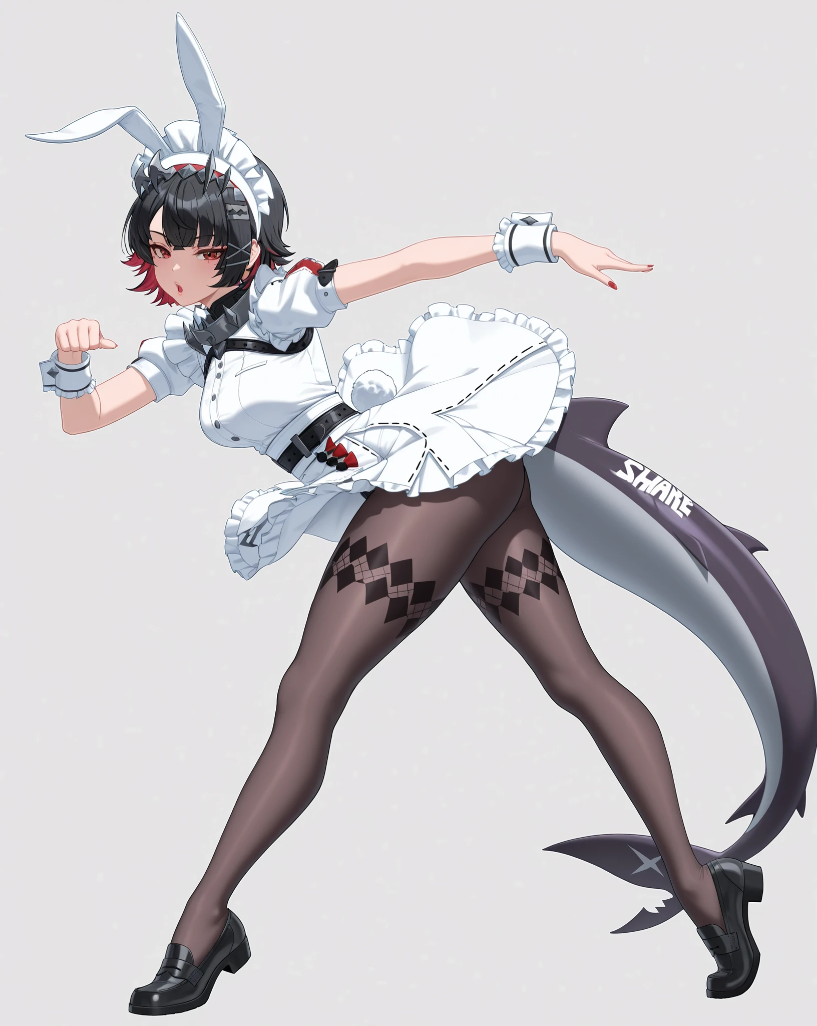 (pose:1.0, playboy pose, dynamic pose, adult Ellen Joe:1.0, Ellen Joe Outfit:1.0, falling skirt:1.0, transparent Ellen Joe pantyhose:1.0, shark tail, big mouth:4.0, big lips:4.0, open mouth:5.0, seductive eyes:4.0, detailed face, detailed mouth, small waist:1.0, wide hips:1.0), black hair, Ellen Joe headdress, red eyes, 1woman, alone,simple background, masterpiece, detailed face, perfect hands, perfect eyes, Ellen Joe loafers, red rim light, purple fill light, dynamic light,