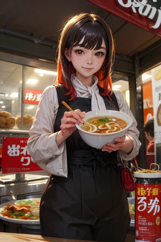 best quality,a girl,Detailed face,There is hot pot in front,Fat cattle,lamb leg,Green vegetables,Meat on the table