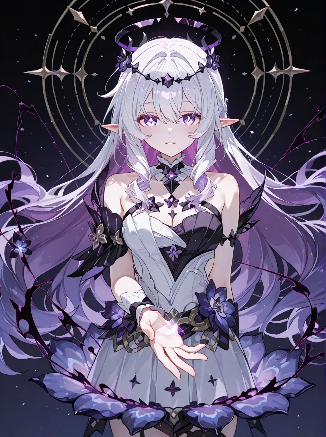 Emilia princess from Re:Zero kara Hajimeru Isekai Seikatsu, half elf, ((gorgeous white and purple elegant silk wedding dress, holding a bunch of clematis, silk accesory, veil, silver necklace, diamond ring, flower earring, belt, collar, silver crown, silk long sleeves)), grace hair style, garden background, ((perfect body shape, medium breast, empress and forzen aura, flower and feather flying effect, clean detailed skin, silver and light purple pupil, blush)), best quality anime 16k wallpaper quality, extreme eye and body detail, spiral energetic girl, spirit around, high resolution , masterpieces, ultra lighting,
