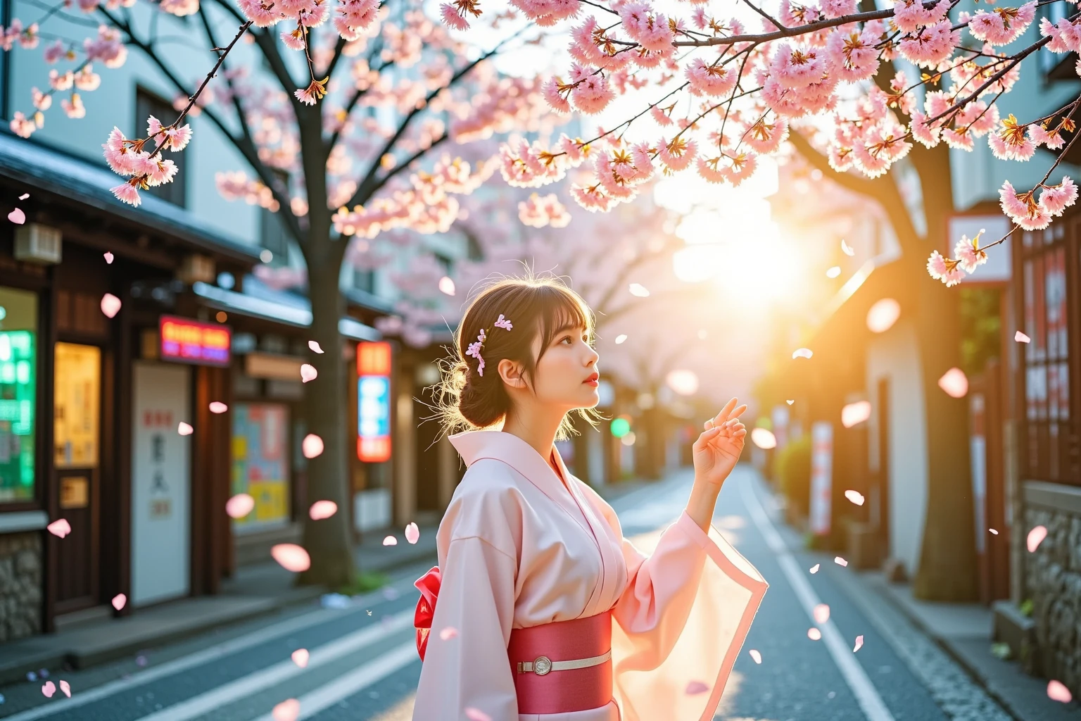 A young woman in a light pink hanfu delicately cradles the rising sun ...