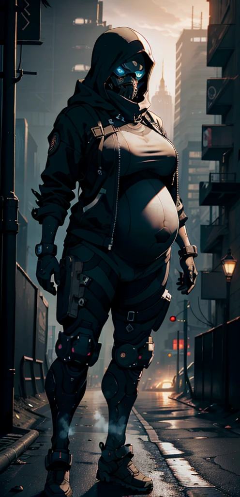 dark scene, dark night, long shot, a pregnant woman walking alone in a dark street of a city, wearing jeans and black sweatshirt, lights out, creepy ambience, horror scene, scary, suffering, poor