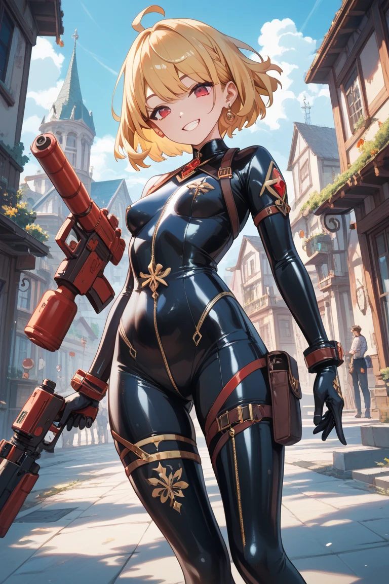 ultra-detailed, Explicit, Beautiful body, Beautiful Nose, Beautiful character design, perfect eyes, perfect face, ultra highres, 4K, beautiful legs, perfect legs, Nice hands, Perfect hand, Masterpiece, Best Quality, Highly detailed, illustration, absurdres, perfect anatomy, street fighter, doll suit, shadaloo doll, dollsuit, expressionless, blank eyes, looking at viewer, red gloves, emotionless, black latex, corruption, mind control, female combatant, full body, hypnotized, unhappy trance, full body suit, ribbed bodysuit, both arms at side, obey, perfect female body, extremely glossy latex, hypnosis, hypnoLora, empty eyes, Mind control device, poses, submissive_pose, Slave, standing straight, standing, standing at attention, hat, necktie, belt, latex, ribbed bodysuit, thigh Highs, garter belt, Fighting Stance, extending the right arm from the shoulder into the air with a straightened hand, military, thigh boots, black pantyhose, (((pixel-perfect, detail-perfect))), solo, 1girl, hair ornaments, short hair, blonde hair, golden eyes, MP40, Girls' Frontline, medium breast, holding gun, gun