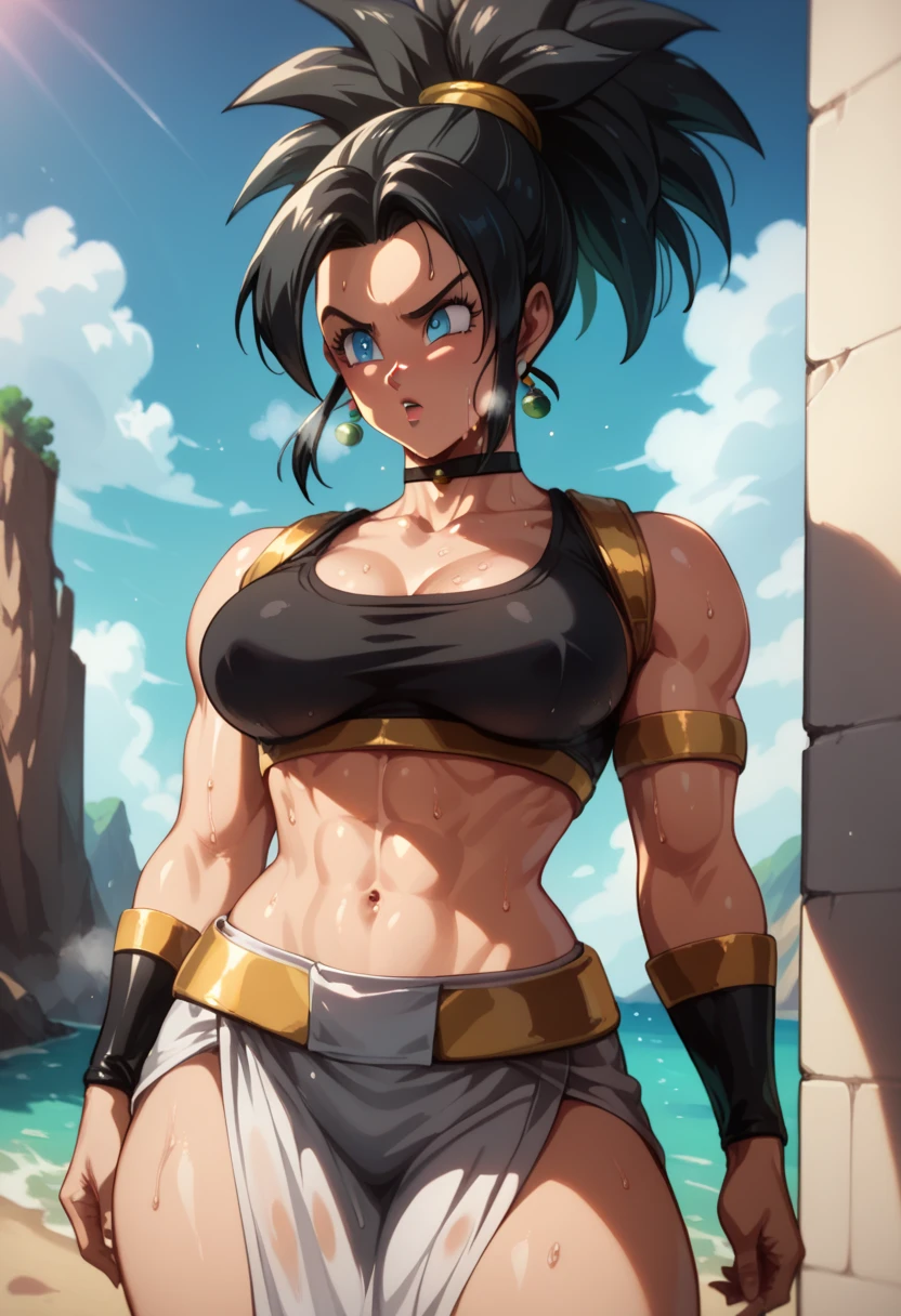 ((masterpiece, best quality)),(complex light), 1female,solo,upper body, goku black,black goku hair,black eyes, angry, green potara earrings, large breasts, wide hips, curvy, thin waist, red collar, solo girl, armpits, arms up, large breasts, wide hips, curvy, thin waist, black slingshot swimsuit, black arm sleeves, abs, muscular female, 6 pack, muscles, beach background, sexy