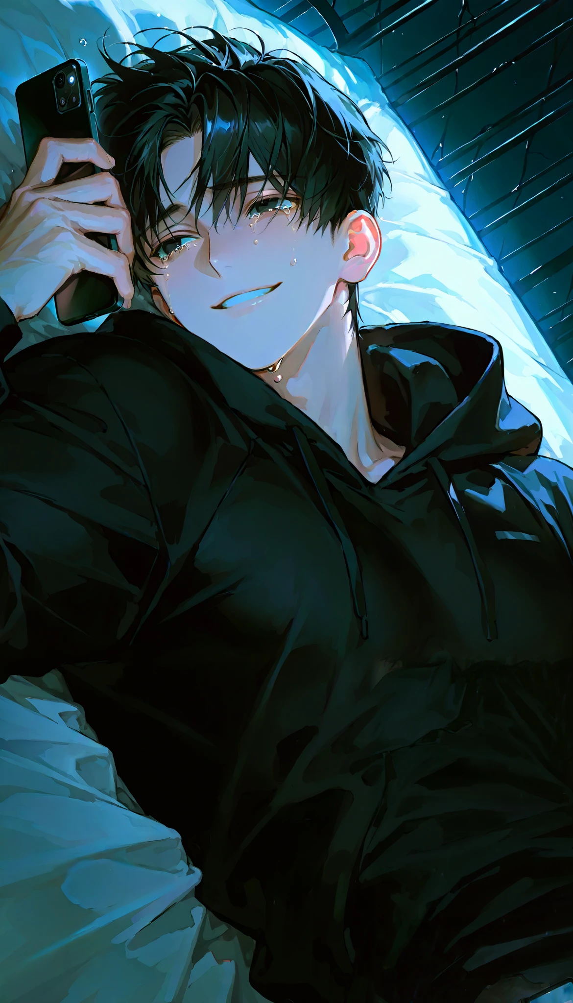 Young man， 1man ，crying，teary eyes, smiling, Handsome,short hair,Solo painting，black hoodie, mature man, muscles，solo，alone，handsome，black hair, black eyes, lying in bed, phone, dark raining background, dynamic angle