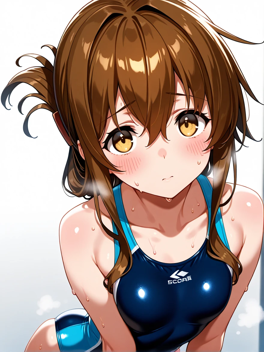 miyoshi kaya, light brown hair, high ponytail,small breasts, orange eyes, parted bangs, forehead,
1girl,solo,looking at viewer, ,evil smile,race swimsuit,my room,(spoken heart),nsfw,sweating