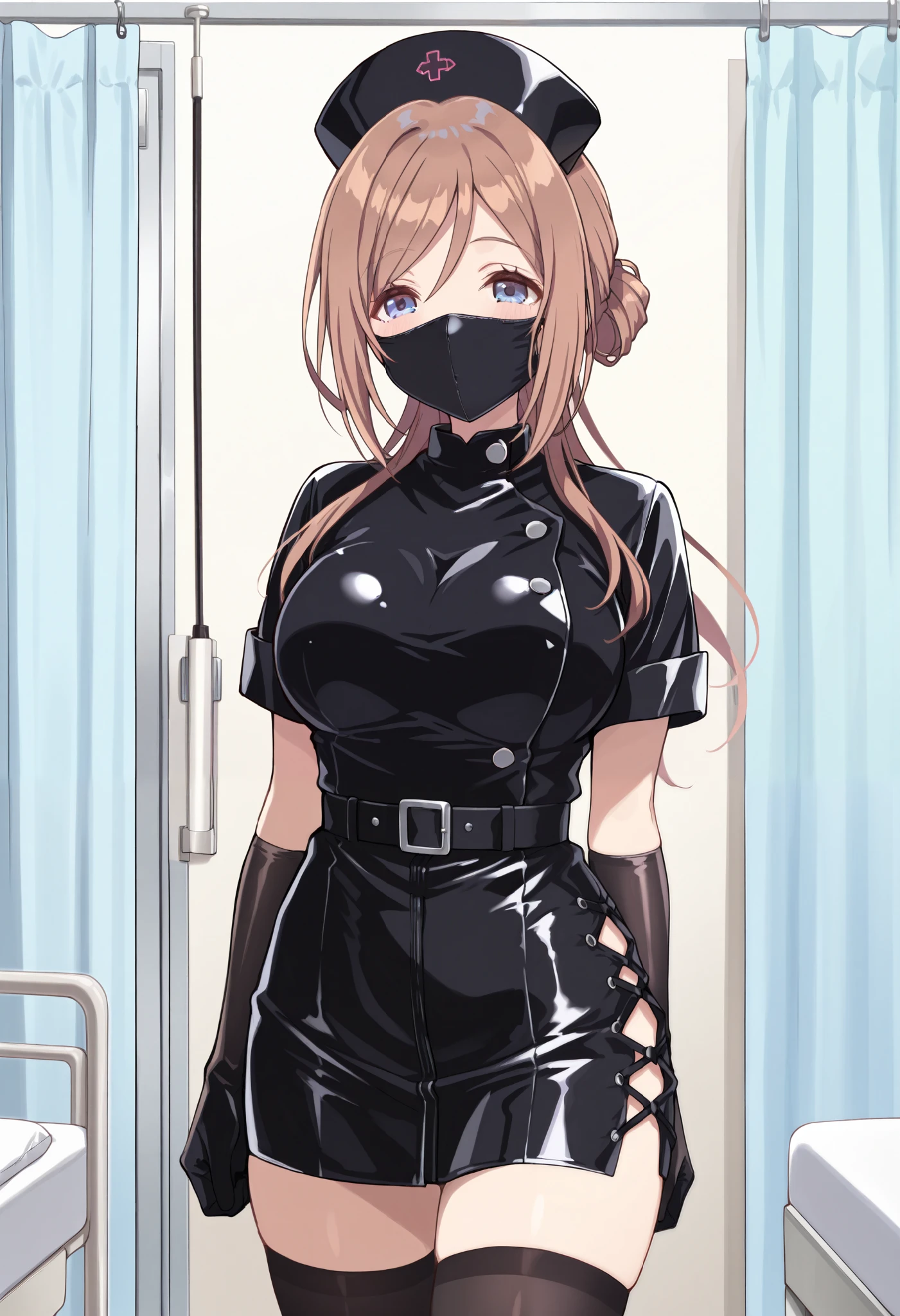 Score_9, score_8_up, score_7_up, source_anime, 1girl, himesaki rinami, blue eyes, brown hair, long hair, single hair bun, bangs, large breasts, enamel leather dark nurse, latex dress, black latex gloves, black latex legwear, latex, latex skirt, (best quality), (high quality), {masterpiece}, extremely delicate and beautiful, ultra-detailed, beautiful detailed eyes, nurse, nurse hat, ((black nurse's outfit)), surgery room, black rubbermask, mask, mouth mask, standing