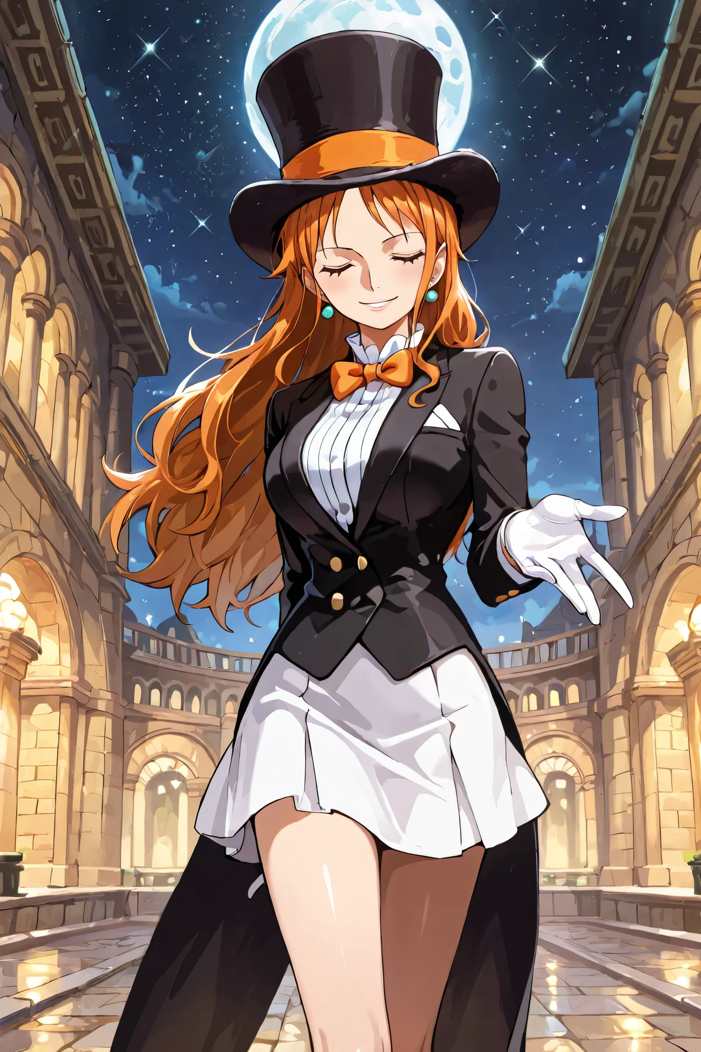 (masterpiece) solo, 1girl, nami, one piece, long orange hair, earrings, brown eyes, sleek legs,( large black silk top hat, orange band) black tuxedo jacket, white shirt under tuxedo jacket, orange bowtie, white miniskirt, ((white gloves)), (smiling, graceful, serene), (dapper), posing in a marble courtyard, night scene, starry background, full moon in the sky, bowing, one hand behind back, offering one hand to the viewer, eyes closed, (prim and proper pose, elegant pose), razzle dazzle vibes, close up shot, facing the viewer