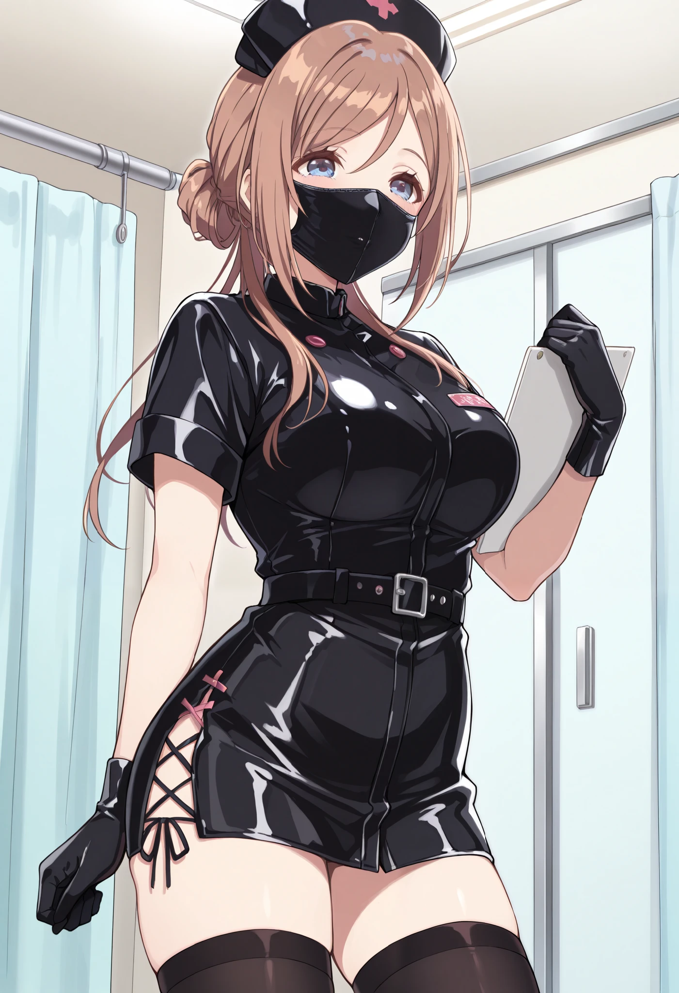Score_9, score_8_up, score_7_up, source_anime, 1girl, himesaki rinami, blue eyes, brown hair, long hair, single hair bun, bangs, large breasts, enamel leather dark nurse, latex dress, black latex gloves, black latex legwear, latex, latex skirt, (best quality), (high quality), {masterpiece}, extremely delicate and beautiful, ultra-detailed, beautiful detailed eyes, nurse, nurse hat, ((black nurse's outfit)), surgery room, black rubbermask, mask, mouth mask, standing