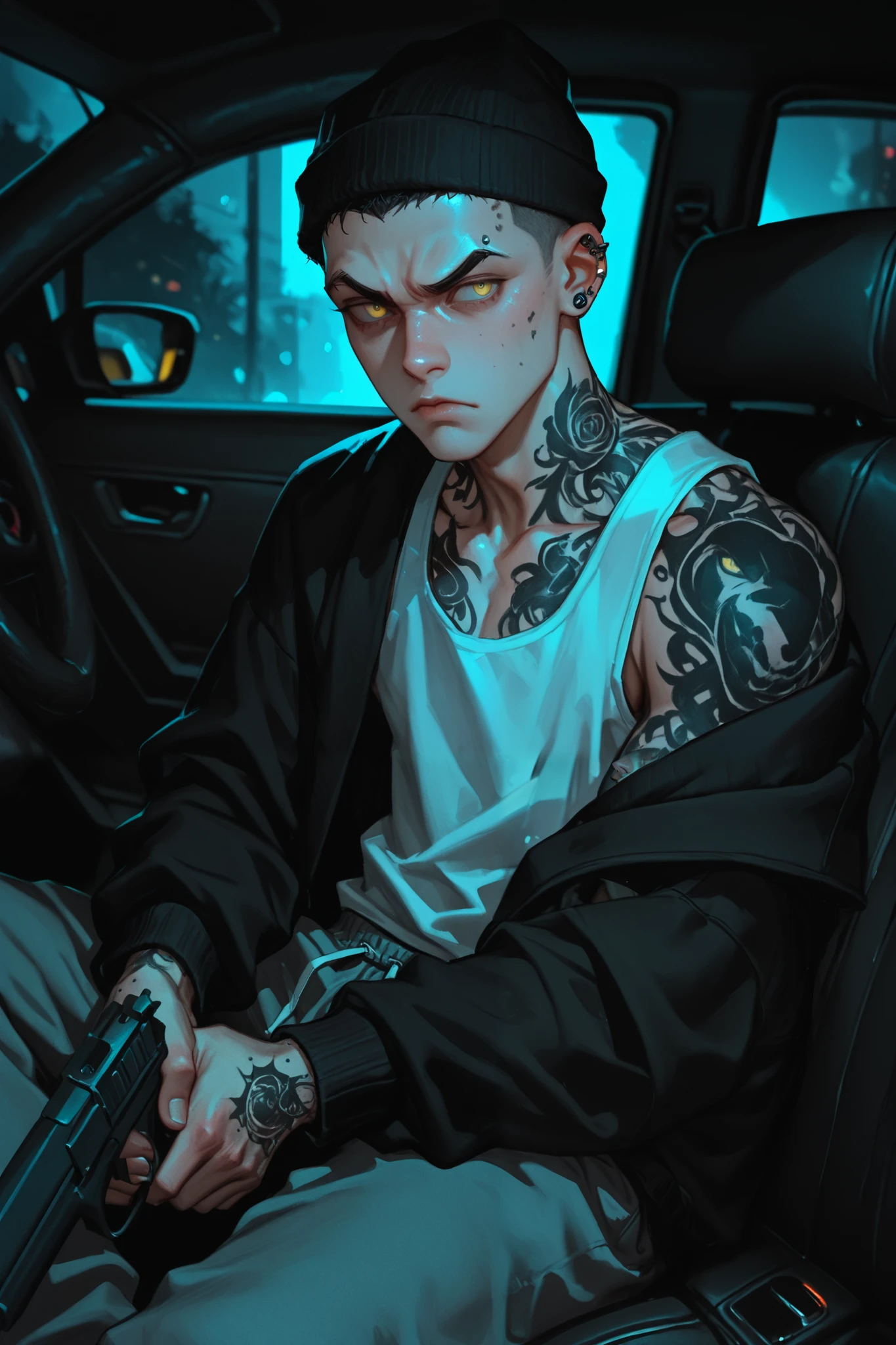 Solo man, A young man, wearing gray sweatpants, a white tank top, and a black sweatshirt, wearing a black beanie. Yellow eyes, black hair, Shaved hair, Body tattoos, strong body, piercing on the right eyebrow, serious expression, sitting in a car, holding a gun. Dark, Dark weather, the night