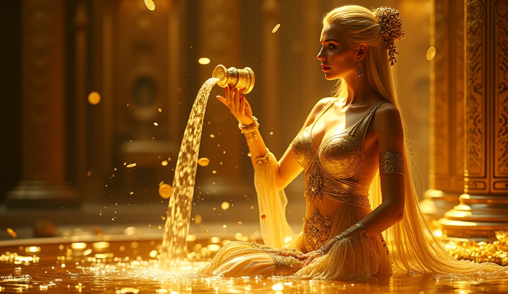 a beautiful young woman in the rain,indonesian royalty, kneeling, lagoon, (((indonesian royal dress))), batik artwork, brocaded, full_body_shot, dramatic, backlit, light rays, volumetric lighting, detailed face, highly detailed, painting, wet skin, wet clothes, wet body, wet hair, drenched, soaked, blonde hair, messy hair, round face, looking at viewer, smile, glossy clothes, oily clothes, varied poses, looking up