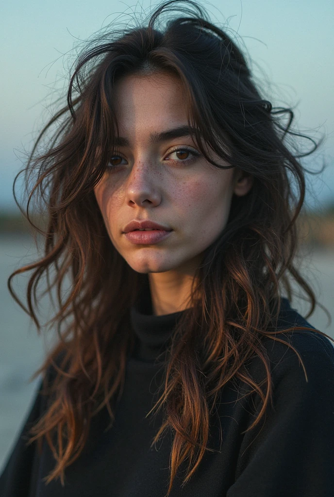Scandinavian woman, strong wind, beach, long hair, cool expression, 38 years old, looking left, filming, cloudy sky, black knitted clothing, black hair, freckles, snow