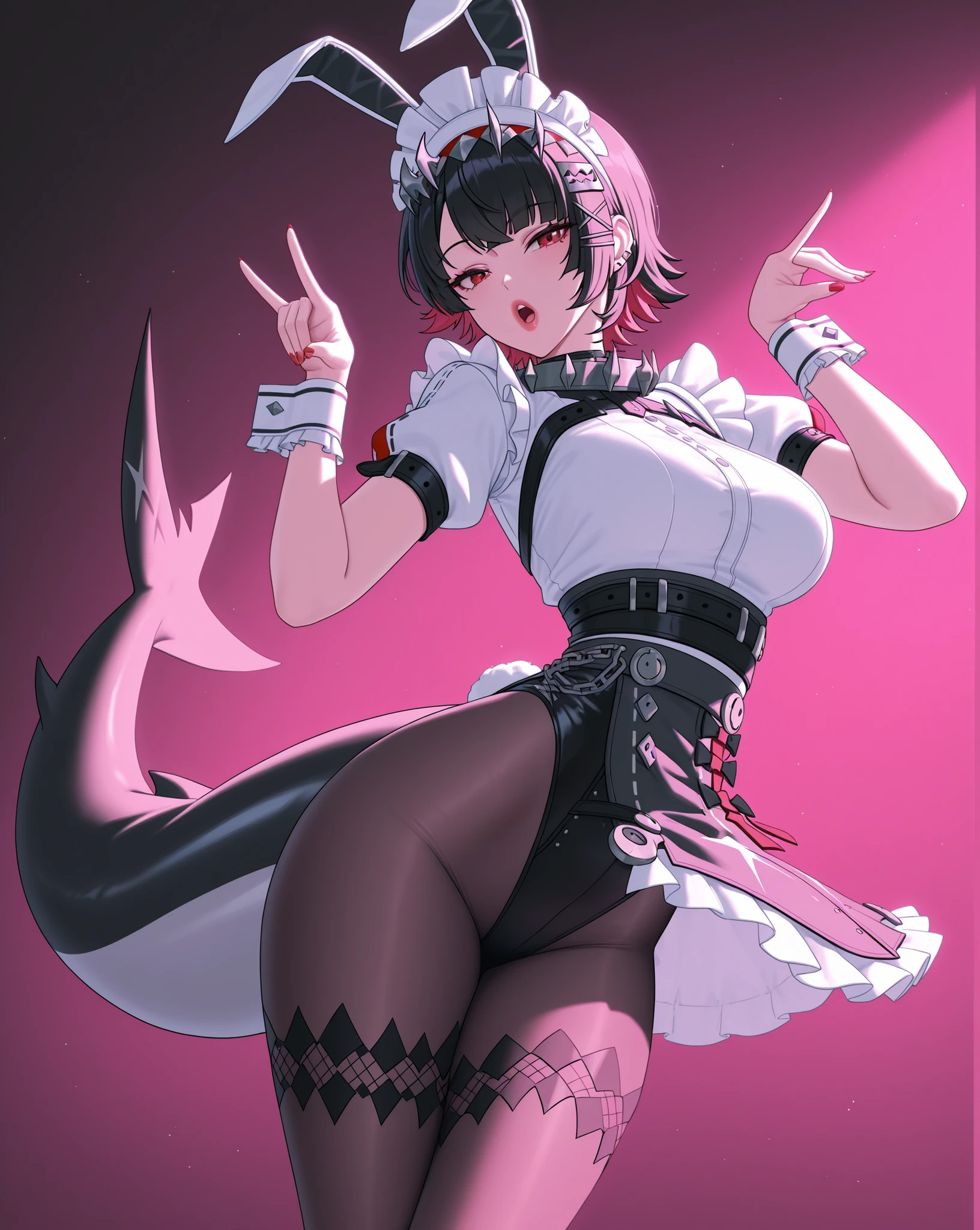 (pose:1.0, playboy pose, dynamic pose, adult Ellen Joe:1.0, Ellen Joe Outfit:1.0, falling skirt:1.0, transparent Ellen Joe pantyhose:1.0, shark tail, big mouth:4.0, big lips:4.0, open mouth:5.0, seductive eyes:4.0, detailed face, detailed mouth, small waist:1.0, wide hips:1.0),  black hair, Ellen Joe headdress, red eyes, 1woman, alone, (masterpiece, detailed face, perfect hands, perfect eyes), red rim lighting, purple fill lighting, dynamic lighting, 