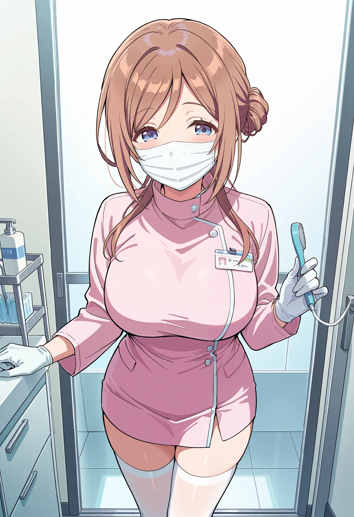 Score_9, score_8_up, score_7_up, source_anime, 1girl, himesaki rinami, blue eyes, brown hair, long hair, single hair bun, bangs, large breasts, (best quality), (high quality), {masterpiece}, extremely delicate and beautiful, ultra-detailed, beautiful detailed eyes, dental hygienist, pink medical scrub, high collar, white latex gloves, white thighhighs, Dentist 0ff1c3, ((white mask, mouth mask, covered nose)), standing