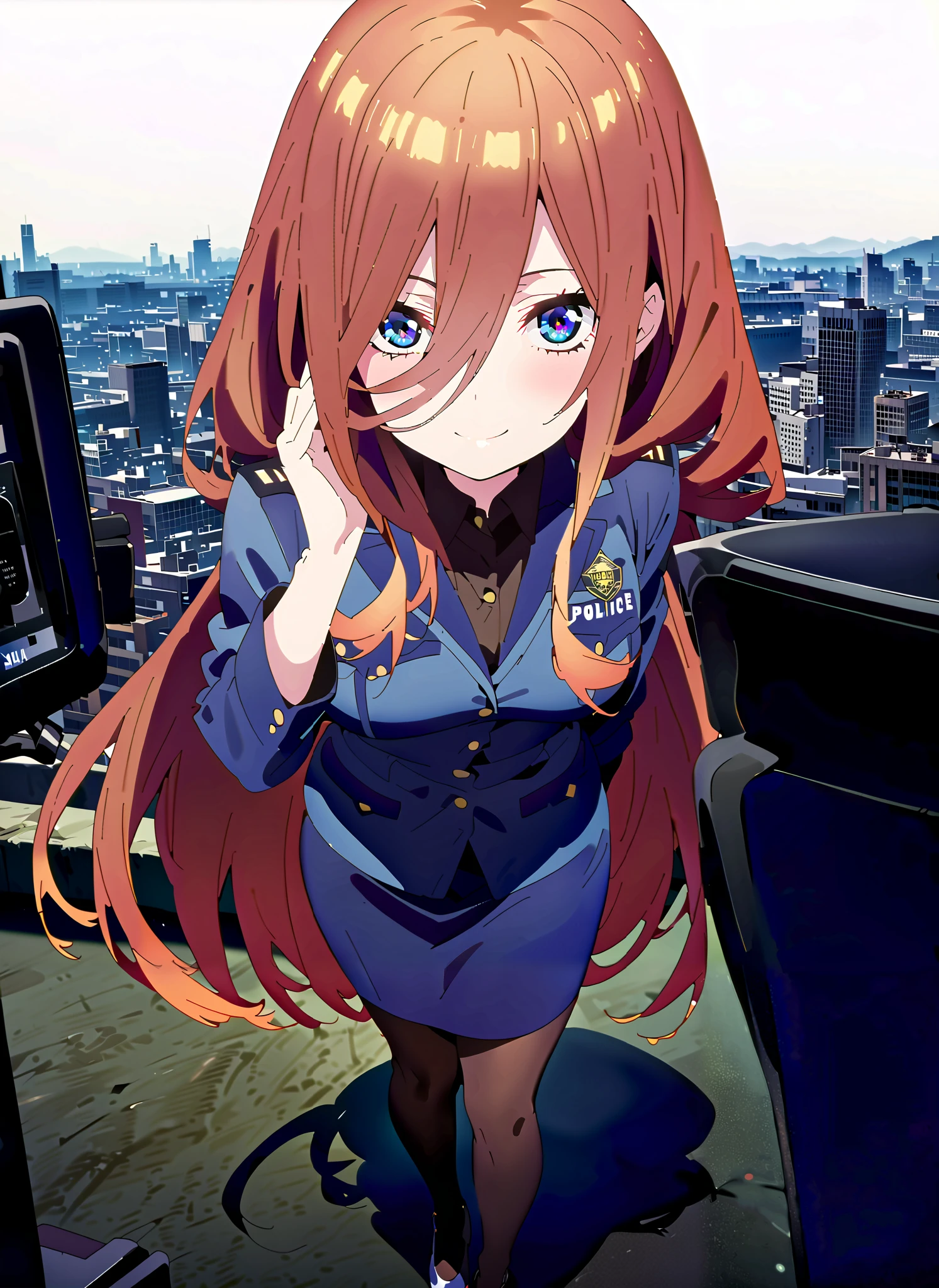 Nakano Future, Nakano Future, long hair, Bangs, blue eyes, brown hair,Wide hair between eyes,police hat, Police Officer Uniforms,blue pencil skirt,Wireless machine,black pantyhose,pin heels, Salute ,is standing,smile,cover,close your mouth,,full bodyがIllustrationsに入るように,break outdoors, City,
break looking at viewer,full body,
break (masterpiece:1.2), Highest quality, high resolution, Uniform 8k Wallpaper, (Illustrations:0.8), (Beautiful Detailed Eyes:1.6), very detailed face, So that it fits into the illustration, very detailed CG, ( curved body, perfect anatomy),