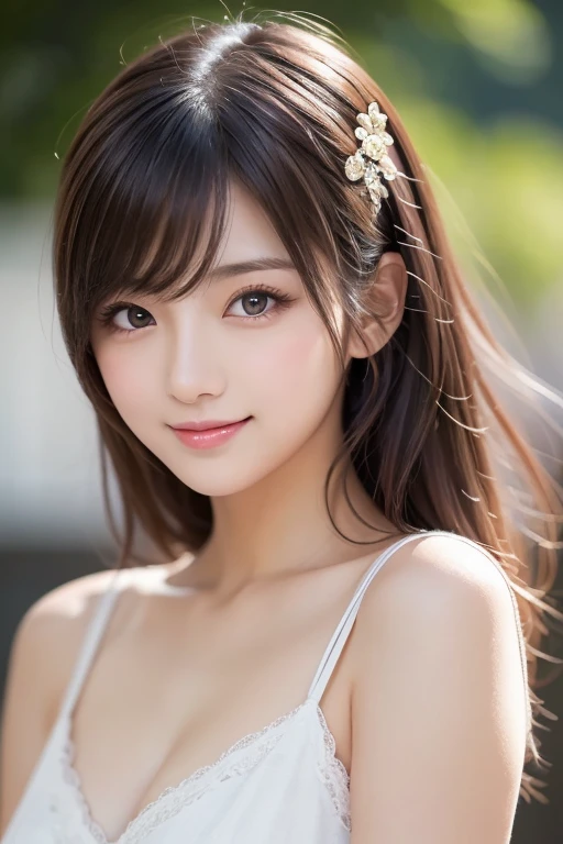 ((Highest quality)),(超High resolution),(Very detailed),(Detailed Description),((The best CG)),(masterpiece),Very detailedなアート、(Highest quality、8K、32k、masterpiece)、(Realistic)、(Realistic:1.2)、(High resolution)、Very detailed, (Close-up face:1.6), Very beautiful face and eyes, Big eyes, 1 female、Pale skin:1.4, Shine, Transparent muscle:1.2、((Ultra-Realistic Details))、Portraiture、All the characters are super realistic.:1.6、Global Illumination、Octane Rendering:1.2,　 The best beautiful girl,Very detailed, High resolution RAW color photos, Professional photography, Realistic portrait, Cinematic Light, With a small face、Pale Cheeks:1.1、(With a cute smile:1.4)、((Beautiful Eyes、Light enters the eyes:1.4、Staring at a lover、adorable eyes:1.2 )) 、((Shiny Hair　Brown twin tails, 、Delicate texture、Voluminous Hair:1.1、Thick Hair:1.2 )),　Beautiful big ,(Big ample breasts:1.2)、Captivating beauty、Captivate what you see、Tight waist、Delicate body、(Highest quality、Attention to detail、)、(Oil paint:1.2)、Very detailed、(Realistic、Realistic:1.37)、Bright colors