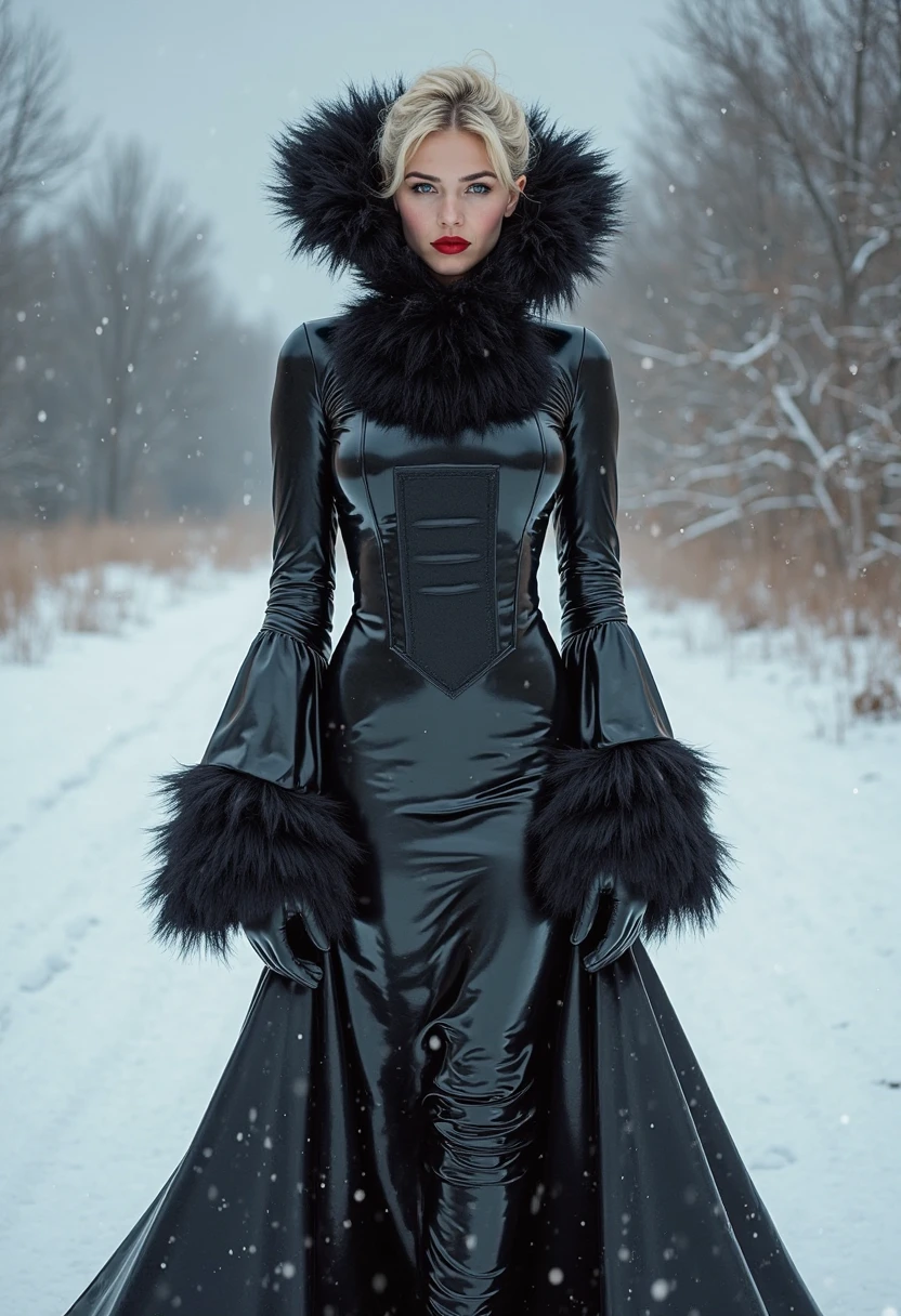 gothic teenager with big breasts with little clothes, in the snow, long black hair, necklace on her neck, painted nails, full body, beautiful, striking, attractive, well detailed, painted nails, spectacular image