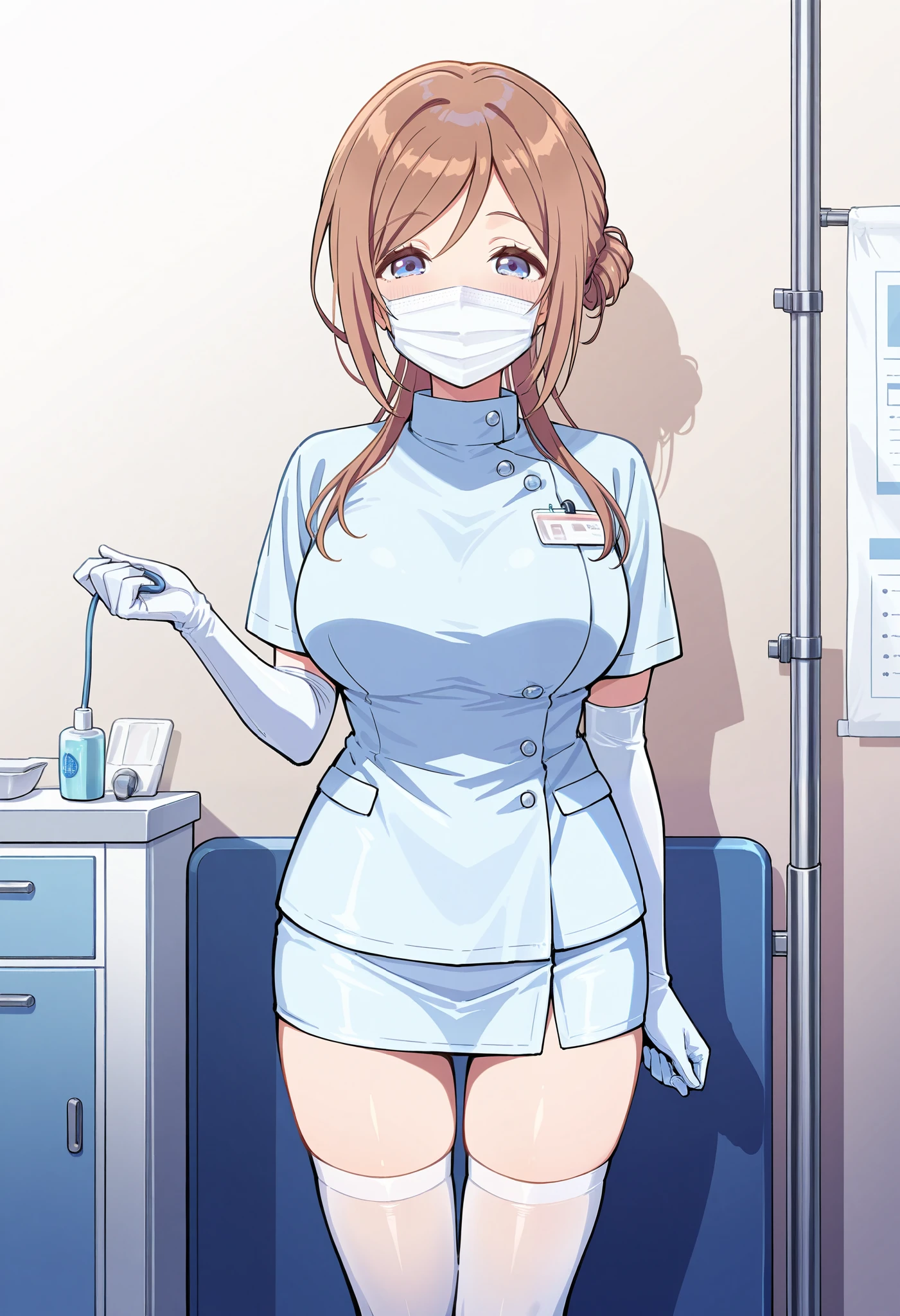 Score_9, score_8_up, score_7_up, source_anime, 1girl, himesaki rinami, blue eyes, brown hair, long hair, single hair bun, bangs, large breasts, (best quality), (high quality), {masterpiece}, extremely delicate and beautiful, ultra-detailed, beautiful detailed eyes, dental hygienist, pink medical scrub, high collar, white latex gloves, white thighhighs, Dentist 0ff1c3, ((white mask, mouth mask, covered nose)), standing