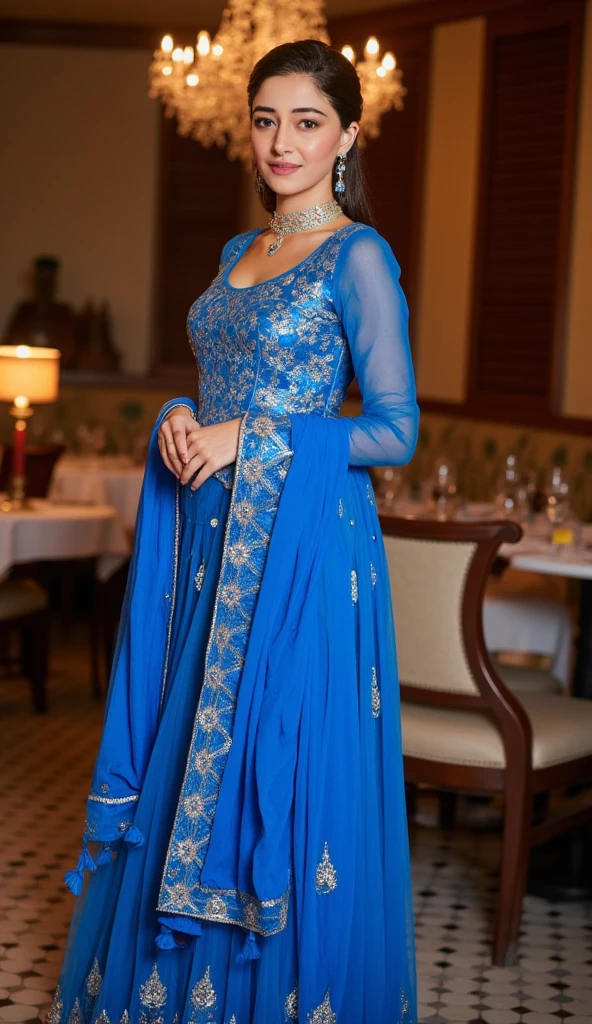 full body, masterpiece, ultra realist, really intricate details blue dress wear by Javanese woman, really intricate background
