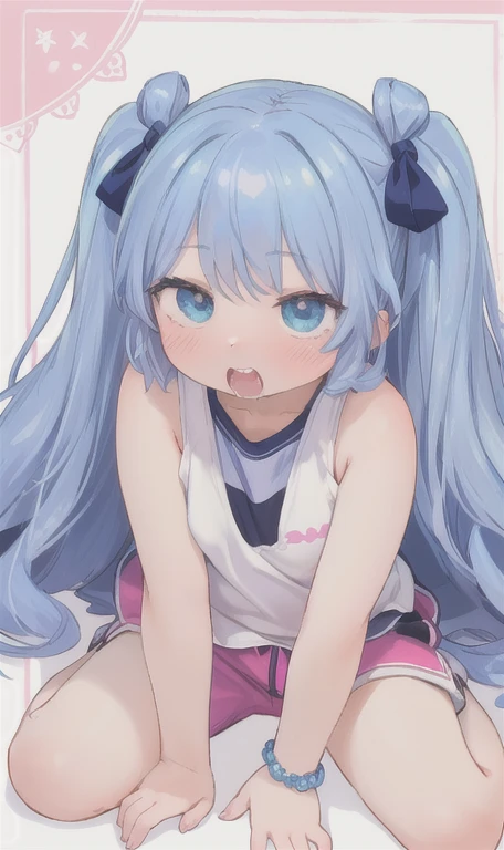 full body, (female): 1girl, (solo), (perfect face), (detailed outfit), (little girl), beautiful female, smile (happy), blue hair, long hair, twintails hair, blue eyes, (tank top,), (white background), (masterpiece:1.4), (best quality), (ultra-detailed)