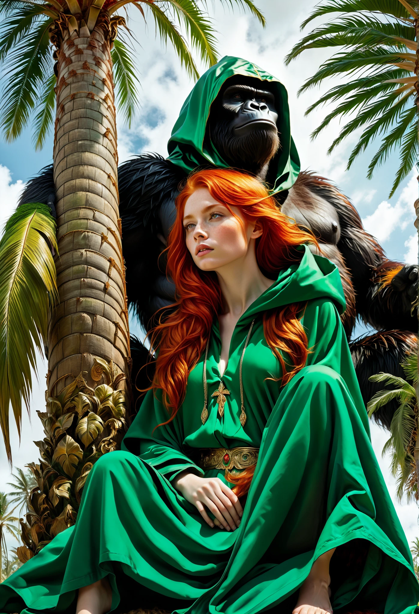 A tiny young woman with fiery golden-red hair and an emerald-green hooded robe is seated in the vast expanse of a colossal, hairy palm. The giant's fingers are curled slightly around her, creating a gentle enclosure. She gazes upwards at his gigantic face, which fills the sky from her perspective within his hand. The scale is reminiscent of King Kong holding a human in his palm.