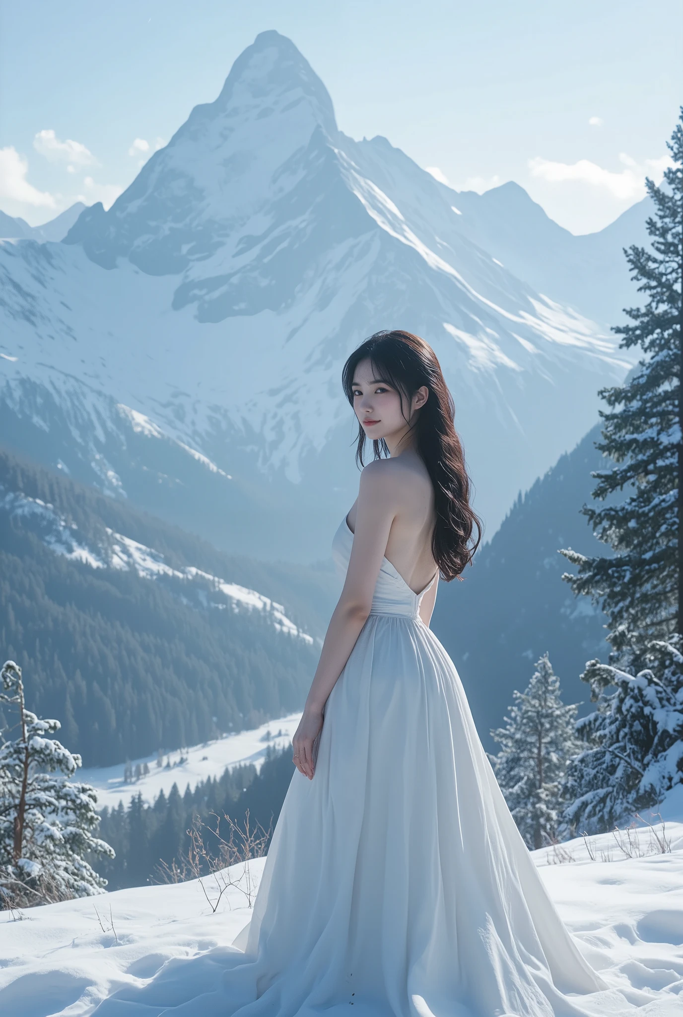 (ultra Realistic) , (illustration), (Enhance resolution), (8k), ( Extremely Detailed), ( detailed face ), Slim Body, in the dark , deep shadow, low profile, pureerosfaceace_v1, Happy smile, Winter, Mountain