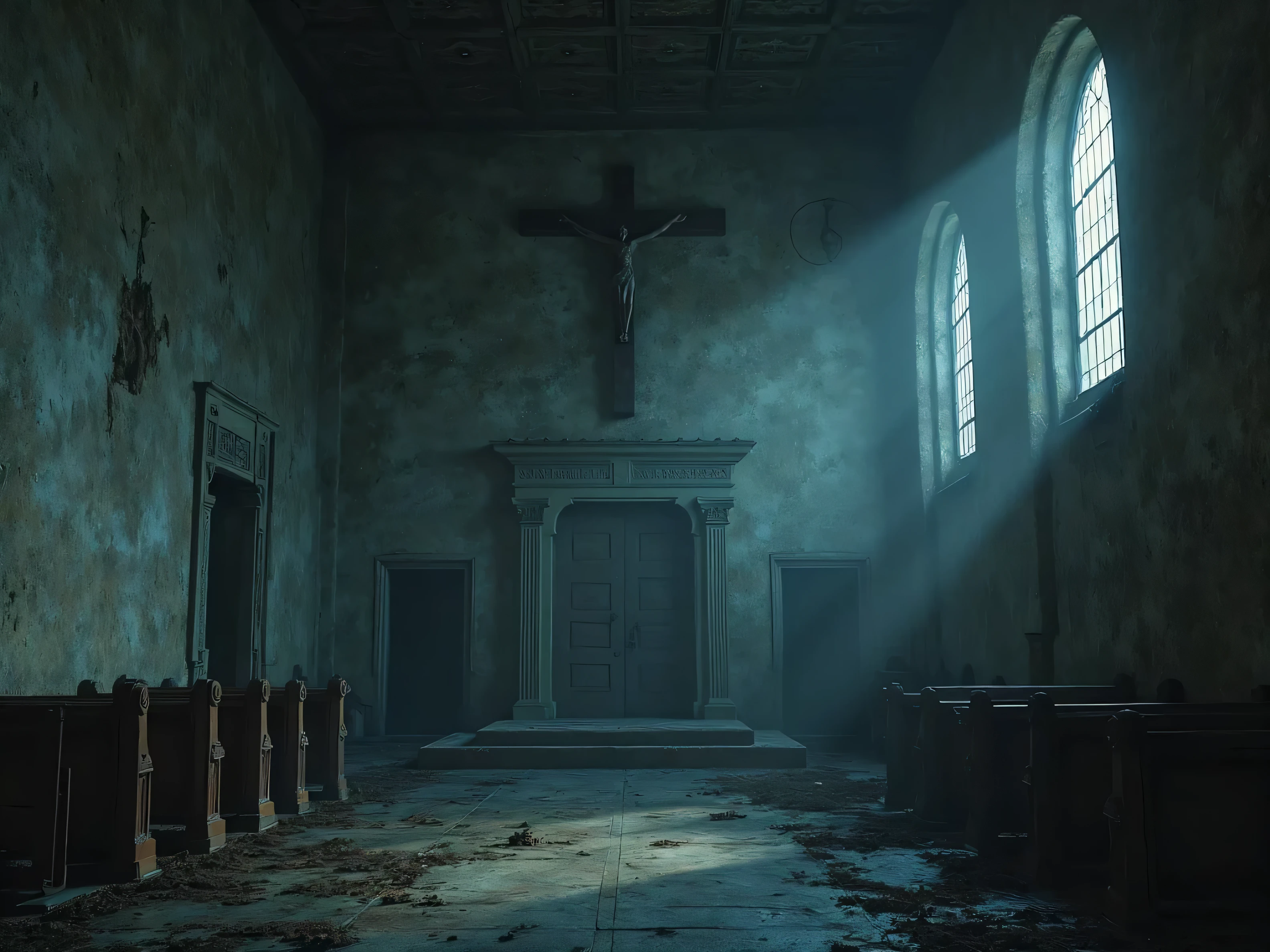 small oval mausoleum of two tombs, an oratory with a cross, Area of 2 square meters, parte interna, porta de madeira, Noite, terror, sinistro, estilo resident evil e sozinho no escuro, High detail, catacombs and tombstones on the walls . Post Apocalyptic Scenario.