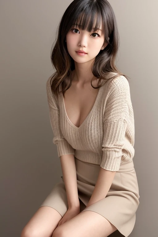 Backless sweater,(tmasterpiece:1.3), (8K, Photorealsitic, RAW photography, Top image quality: 1.4), Japan high school girls、(random hair style:1.2)、nedium breasts:1.2、Super detail face、Eye of detail、二重まぶた、Bring your chest together、foco nítido:1.2、Beautiful woman:1.4、Light brown hair、top-quality、tmasterpiece、超A high resolution、(Photorealsitic:1.4)、Highly detailed and professionally illuminated smile、Loose and lightweight knitwear、shoulders out、Slender、serious face expression、short detailed hair、Fatal position,No dress,,Naked,Long legs.