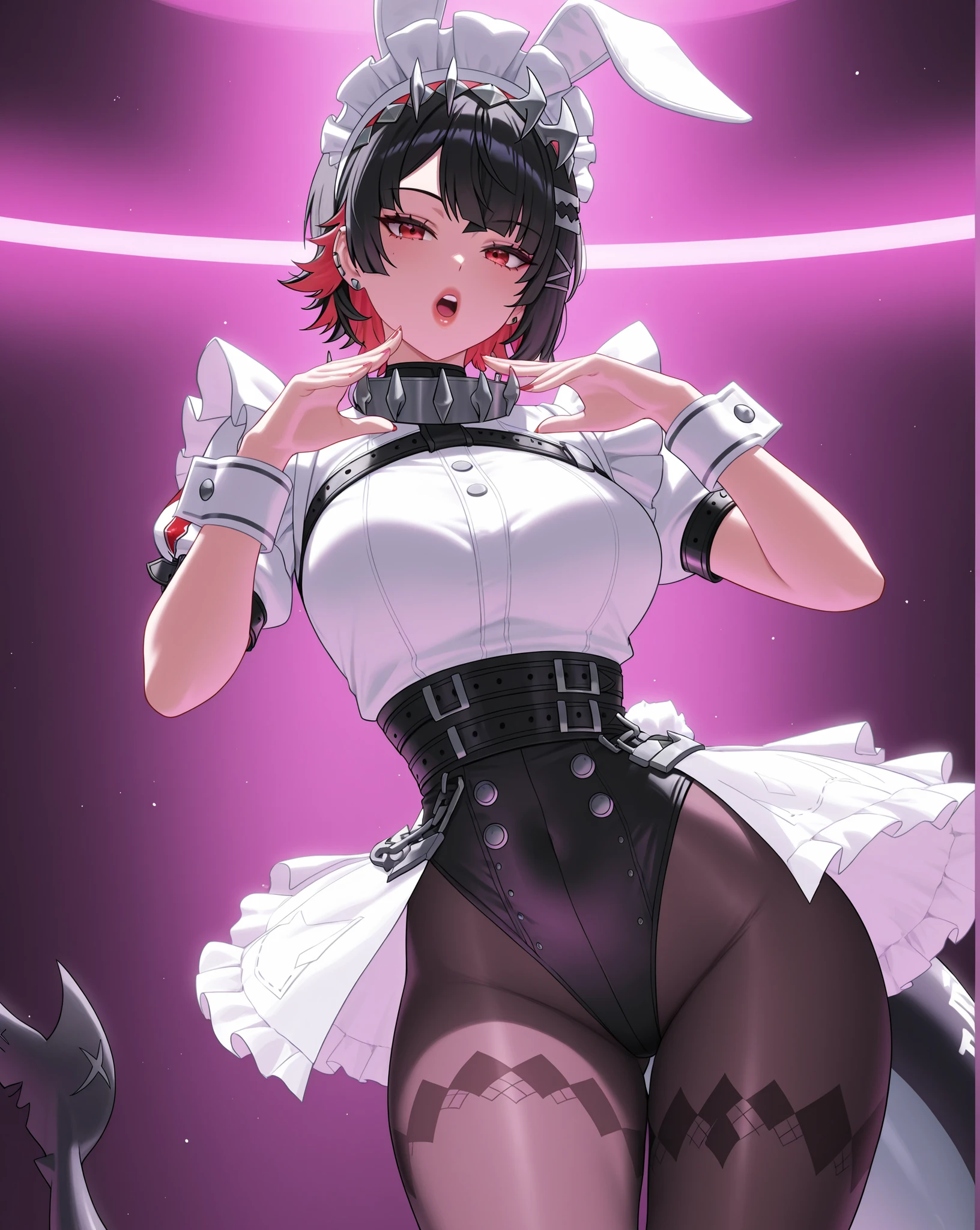 (pose:1.0, playboy pose, dynamic pose, adult Ellen Joe:1.0, Ellen Joe Outfit:1.0, falling skirt:1.0, transparent Ellen Joe pantyhose:1.0, shark tail, big mouth:4.0, big lips:4.0, open mouth:5.0, seductive eyes:4.0, detailed face, detailed mouth, small waist:1.0, wide hips:1.0), black hair, Ellen Joe headdress, red eyes, 1woman, alone, (masterpiece, detailed face, perfect hands, perfect eyes), red rim lighting:1.0, purple fill lighting:1.0, dynamic lighting,